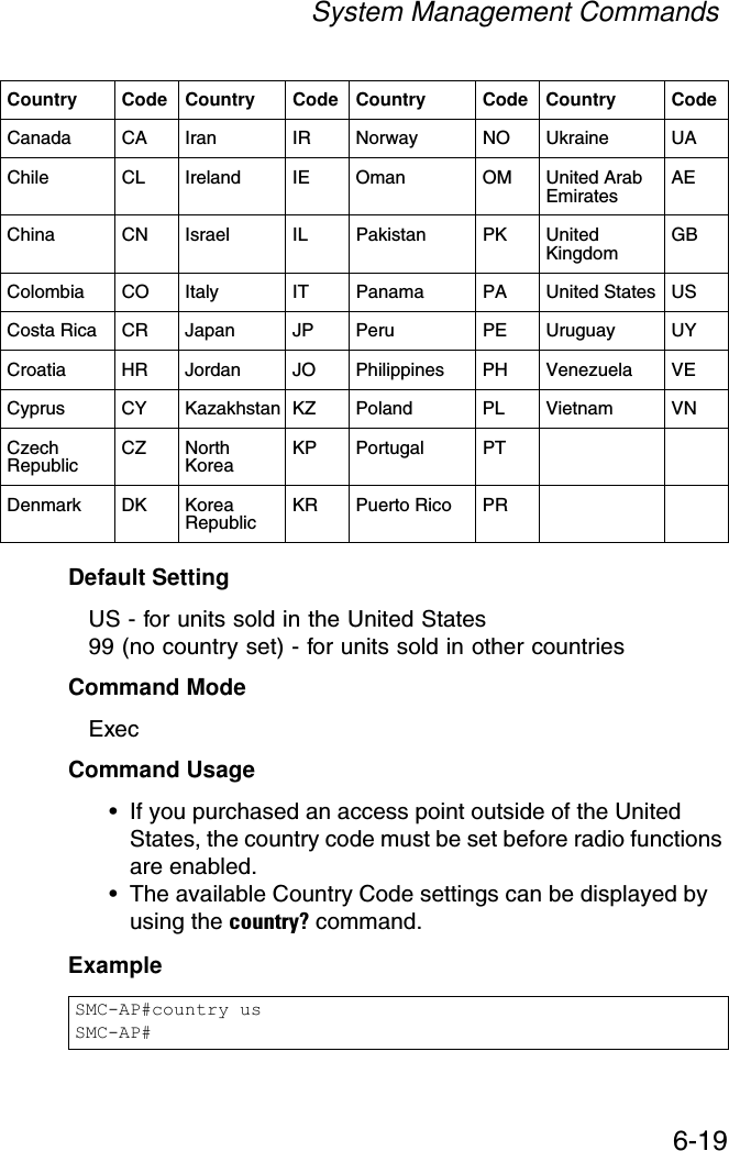 System Management Commands6-19Default Setting US - for units sold in the United States99 (no country set) - for units sold in other countriesCommand Mode ExecCommand Usage• If you purchased an access point outside of the United States, the country code must be set before radio functions are enabled.• The available Country Code settings can be displayed by using the country? command.Example Canada CA Iran IR Norway NO Ukraine UAChile CL Ireland IE Oman OM United Arab Emirates AEChina CN Israel IL Pakistan PK United Kingdom GBColombia CO Italy IT Panama PA United States USCosta Rica CR Japan JP Peru PE Uruguay UYCroatia HR Jordan JO Philippines PH Venezuela VECyprus CY Kazakhstan KZ Poland PL Vietnam VNCzech Republic CZ North Korea KP Portugal PTDenmark DK Korea Republic KR Puerto Rico PRSMC-AP#country usSMC-AP#Country Code Country Code Country Code Country Code