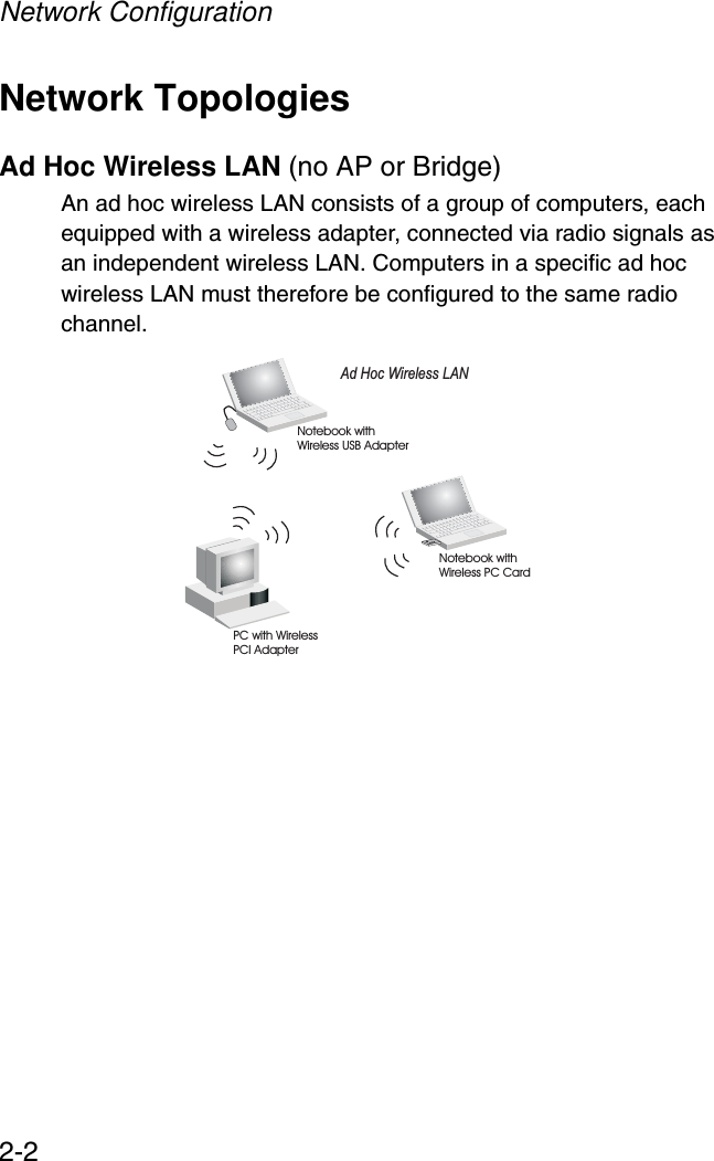 Network Configuration2-2Network TopologiesAd Hoc Wireless LAN (no AP or Bridge)An ad hoc wireless LAN consists of a group of computers, each equipped with a wireless adapter, connected via radio signals as an independent wireless LAN. Computers in a specific ad hoc wireless LAN must therefore be configured to the same radio channel. Ad Hoc Wireless LANNotebook withWireless USB AdapterNotebook withWireless PC CardPC with WirelessPCI Adapter