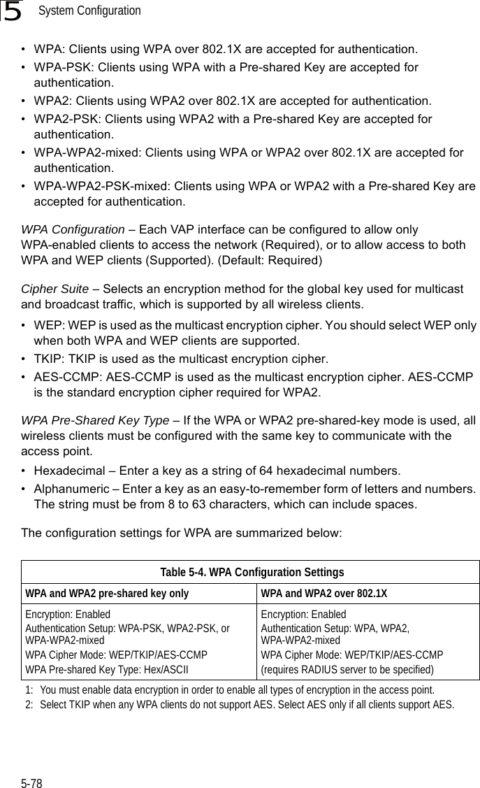System Configuration5-785• WPA: Clients using WPA over 802.1X are accepted for authentication.• WPA-PSK: Clients using WPA with a Pre-shared Key are accepted for authentication.• WPA2: Clients using WPA2 over 802.1X are accepted for authentication.• WPA2-PSK: Clients using WPA2 with a Pre-shared Key are accepted for authentication.• WPA-WPA2-mixed: Clients using WPA or WPA2 over 802.1X are accepted for authentication.• WPA-WPA2-PSK-mixed: Clients using WPA or WPA2 with a Pre-shared Key are accepted for authentication.WPA Configuration – Each VAP interface can be configured to allow only WPA-enabled clients to access the network (Required), or to allow access to both WPA and WEP clients (Supported). (Default: Required)Cipher Suite – Selects an encryption method for the global key used for multicast and broadcast traffic, which is supported by all wireless clients.• WEP: WEP is used as the multicast encryption cipher. You should select WEP only when both WPA and WEP clients are supported. • TKIP: TKIP is used as the multicast encryption cipher.• AES-CCMP: AES-CCMP is used as the multicast encryption cipher. AES-CCMP is the standard encryption cipher required for WPA2.WPA Pre-Shared Key Type – If the WPA or WPA2 pre-shared-key mode is used, all wireless clients must be configured with the same key to communicate with the access point.• Hexadecimal – Enter a key as a string of 64 hexadecimal numbers.• Alphanumeric – Enter a key as an easy-to-remember form of letters and numbers. The string must be from 8 to 63 characters, which can include spaces.The configuration settings for WPA are summarized below:Table 5-4. WPA Configuration SettingsWPA and WPA2 pre-shared key only WPA and WPA2 over 802.1XEncryption: EnabledAuthentication Setup: WPA-PSK, WPA2-PSK, or WPA-WPA2-mixedWPA Cipher Mode: WEP/TKIP/AES-CCMPWPA Pre-shared Key Type: Hex/ASCIIEncryption: EnabledAuthentication Setup: WPA, WPA2, WPA-WPA2-mixedWPA Cipher Mode: WEP/TKIP/AES-CCMP(requires RADIUS server to be specified)1: You must enable data encryption in order to enable all types of encryption in the access point. 2: Select TKIP when any WPA clients do not support AES. Select AES only if all clients support AES.