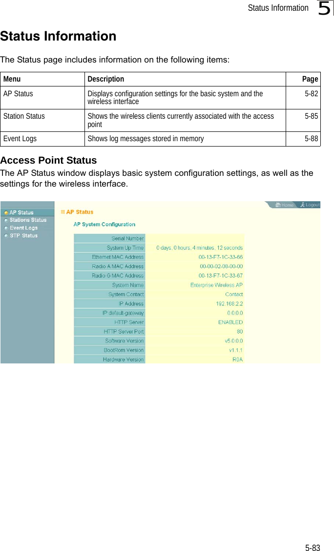 Status Information5-835Status InformationThe Status page includes information on the following items:Access Point StatusThe AP Status window displays basic system configuration settings, as well as the settings for the wireless interface.Menu Description PageAP Status  Displays configuration settings for the basic system and the wireless interface 5-82Station Status  Shows the wireless clients currently associated with the access point 5-85Event Logs  Shows log messages stored in memory 5-88