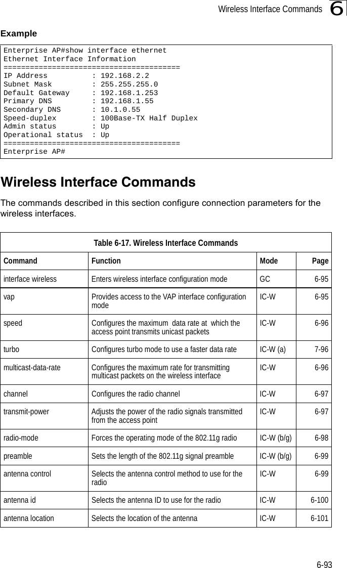Wireless Interface Commands6-936Example Wireless Interface CommandsThe commands described in this section configure connection parameters for the wireless interfaces.Enterprise AP#show interface ethernetEthernet Interface Information========================================IP Address          : 192.168.2.2Subnet Mask         : 255.255.255.0Default Gateway     : 192.168.1.253Primary DNS         : 192.168.1.55Secondary DNS       : 10.1.0.55Speed-duplex        : 100Base-TX Half DuplexAdmin status        : UpOperational status  : Up========================================Enterprise AP#Table 6-17. Wireless Interface CommandsCommand Function Mode Pageinterface wireless Enters wireless interface configuration mode  GC 6-95vap Provides access to the VAP interface configuration mode IC-W 6-95speed Configures the maximum  data rate at  which the access point transmits unicast packets IC-W 6-96turbo Configures turbo mode to use a faster data rate IC-W (a) 7-96multicast-data-rate Configures the maximum rate for transmitting multicast packets on the wireless interface IC-W 6-96channel Configures the radio channel  IC-W 6-97transmit-power Adjusts the power of the radio signals transmitted from the access point IC-W 6-97radio-mode Forces the operating mode of the 802.11g radio IC-W (b/g) 6-98preamble Sets the length of the 802.11g signal preamble IC-W (b/g) 6-99antenna control Selects the antenna control method to use for the radio IC-W 6-99antenna id Selects the antenna ID to use for the radio IC-W 6-100antenna location Selects the location of the antenna IC-W 6-101