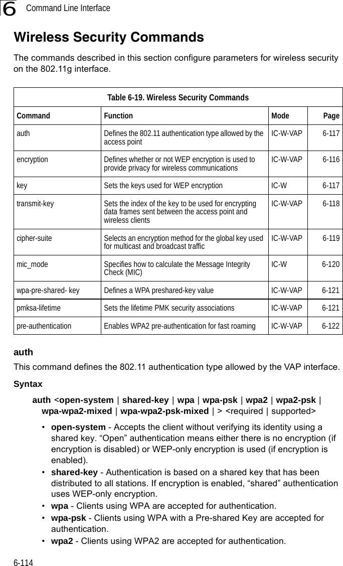 Command Line Interface6-1146Wireless Security CommandsThe commands described in this section configure parameters for wireless security on the 802.11g interface.authThis command defines the 802.11 authentication type allowed by the VAP interface. Syntaxauth &lt;open-system | shared-key | wpa | wpa-psk | wpa2 | wpa2-psk |  wpa-wpa2-mixed | wpa-wpa2-psk-mixed | &gt; &lt;required | supported&gt;•open-system - Accepts the client without verifying its identity using a shared key. “Open” authentication means either there is no encryption (if encryption is disabled) or WEP-only encryption is used (if encryption is enabled). •shared-key - Authentication is based on a shared key that has been distributed to all stations. If encryption is enabled, “shared” authentication uses WEP-only encryption.•wpa - Clients using WPA are accepted for authentication.•wpa-psk - Clients using WPA with a Pre-shared Key are accepted for authentication.•wpa2 - Clients using WPA2 are accepted for authentication.Table 6-19. Wireless Security CommandsCommand Function Mode Pageauth Defines the 802.11 authentication type allowed by the access point IC-W-VAP 6-117encryption  Defines whether or not WEP encryption is used to provide privacy for wireless communications IC-W-VAP 6-116key  Sets the keys used for WEP encryption IC-W 6-117transmit-key Sets the index of the key to be used for encrypting data frames sent between the access point and wireless clientsIC-W-VAP 6-118cipher-suite Selects an encryption method for the global key used for multicast and broadcast traffic IC-W-VAP 6-119mic_mode Specifies how to calculate the Message Integrity Check (MIC) IC-W 6-120wpa-pre-shared- key  Defines a WPA preshared-key value IC-W-VAP 6-121pmksa-lifetime Sets the lifetime PMK security associations IC-W-VAP 6-121pre-authentication Enables WPA2 pre-authentication for fast roaming IC-W-VAP 6-122