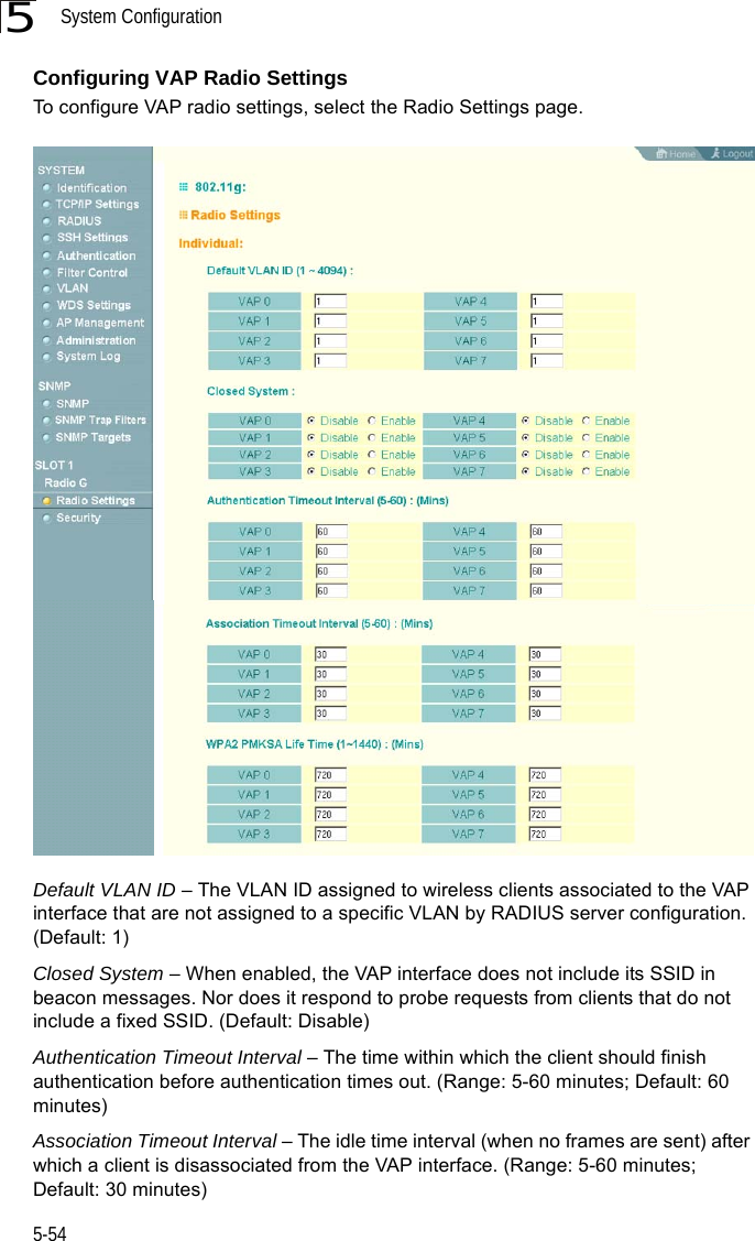 System Configuration5-545Configuring VAP Radio SettingsTo configure VAP radio settings, select the Radio Settings page.Default VLAN ID – The VLAN ID assigned to wireless clients associated to the VAP interface that are not assigned to a specific VLAN by RADIUS server configuration. (Default: 1)Closed System – When enabled, the VAP interface does not include its SSID in beacon messages. Nor does it respond to probe requests from clients that do not include a fixed SSID. (Default: Disable)Authentication Timeout Interval – The time within which the client should finish authentication before authentication times out. (Range: 5-60 minutes; Default: 60 minutes)Association Timeout Interval – The idle time interval (when no frames are sent) after which a client is disassociated from the VAP interface. (Range: 5-60 minutes; Default: 30 minutes)