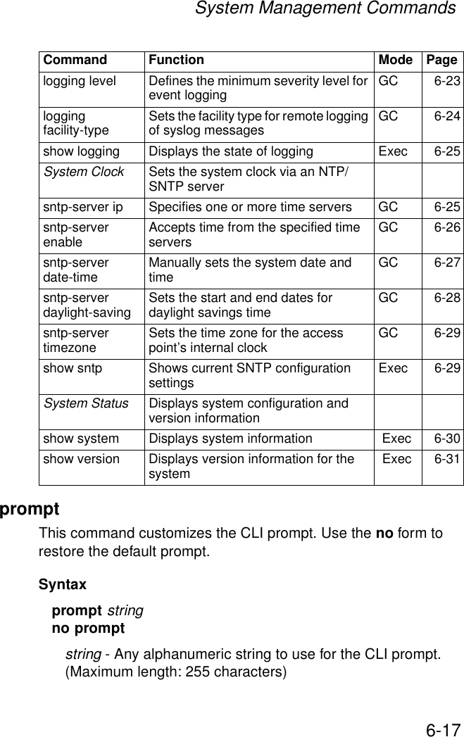 System Management Commands6-17promptThis command customizes the CLI prompt. Use the no form to restore the default prompt.Syntax prompt stringno promptstring - Any alphanumeric string to use for the CLI prompt. (Maximum length: 255 characters)logging level Defines the minimum severity level for event logging GC 6-23logging facility-type Sets the facility type for remote logging of syslog messages  GC 6-24show logging  Displays the state of logging  Exec 6-25System Clock  Sets the system clock via an NTP/SNTP server sntp-server ip Specifies one or more time servers GC 6-25sntp-server enable  Accepts time from the specified time servers GC 6-26sntp-server date-time Manually sets the system date and time GC 6-27sntp-server daylight-saving Sets the start and end dates for daylight savings time GC 6-28sntp-server timezone Sets the time zone for the access point’s internal clock GC 6-29show sntp Shows current SNTP configuration settings Exec 6-29System Status Displays system configuration and version informationshow system  Displays system information  Exec  6-30show version  Displays version information for the system  Exec  6-31Command Function Mode Page