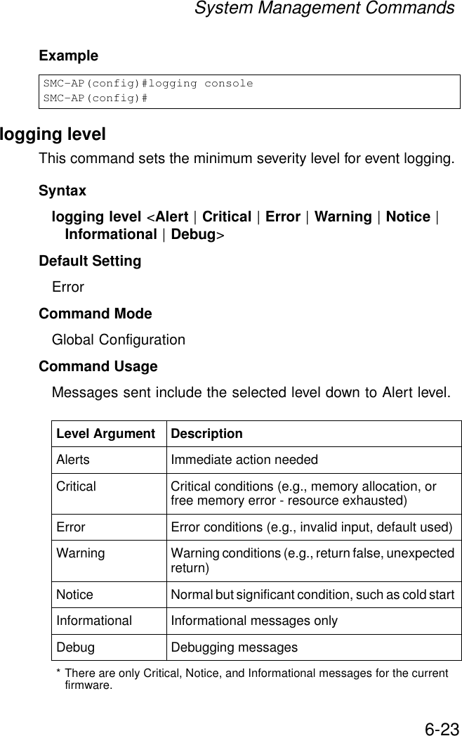 System Management Commands6-23Example logging levelThis command sets the minimum severity level for event logging.Syntaxlogging level &lt;Alert | Critical | Error | Warning | Notice | Informational | Debug&gt;Default Setting ErrorCommand Mode Global ConfigurationCommand Usage Messages sent include the selected level down to Alert level.SMC-AP(config)#logging consoleSMC-AP(config)#Level Argument DescriptionAlerts Immediate action neededCritical Critical conditions (e.g., memory allocation, or free memory error - resource exhausted)Error Error conditions (e.g., invalid input, default used)Warning Warning conditions (e.g., return false, unexpected return)Notice Normal but significant condition, such as cold start Informational Informational messages onlyDebug Debugging messages* There are only Critical, Notice, and Informational messages for the current firmware.