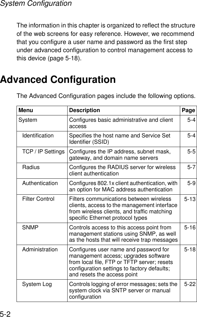 System Configuration5-2The information in this chapter is organized to reflect the structure of the web screens for easy reference. However, we recommend that you configure a user name and password as the first step under advanced configuration to control management access to this device (page 5-18). Advanced ConfigurationThe Advanced Configuration pages include the following options.Menu Description PageSystem Configures basic administrative and client access 5-4Identification Specifies the host name and Service Set Identifier (SSID) 5-4TCP / IP Settings  Configures the IP address, subnet mask, gateway, and domain name servers 5-5Radius Configures the RADIUS server for wireless client authentication 5-7Authentication Configures 802.1x client authentication, with an option for MAC address authentication  5-9Filter Control  Filters communications between wireless clients, access to the management interface from wireless clients, and traffic matching specific Ethernet protocol types5-13SNMP Controls access to this access point from management stations using SNMP, as well as the hosts that will receive trap messages5-16Administration Configures user name and password for management access; upgrades software from local file, FTP or TFTP server; resets configuration settings to factory defaults; and resets the access point5-18System Log Controls logging of error messages; sets the system clock via SNTP server or manual configuration5-22