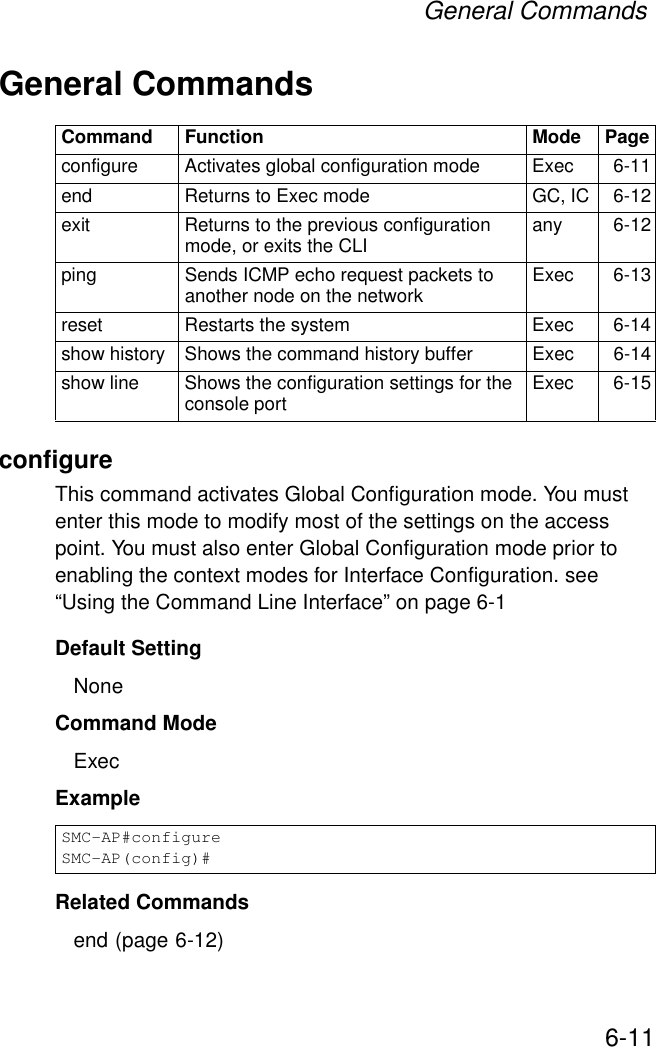 General Commands6-11General CommandsconfigureThis command activates Global Configuration mode. You must enter this mode to modify most of the settings on the access point. You must also enter Global Configuration mode prior to enabling the context modes for Interface Configuration. see “Using the Command Line Interface” on page 6-1Default Setting NoneCommand Mode ExecExample Related Commands end (page 6-12)Command Function Mode Pageconfigure  Activates global configuration mode  Exec 6-11end  Returns to Exec mode  GC, IC 6-12exit  Returns to the previous configuration mode, or exits the CLI  any 6-12ping  Sends ICMP echo request packets to another node on the network  Exec 6-13reset  Restarts the system  Exec 6-14show history  Shows the command history buffer  Exec  6-14show line Shows the configuration settings for the console port Exec 6-15SMC-AP#configureSMC-AP(config)#