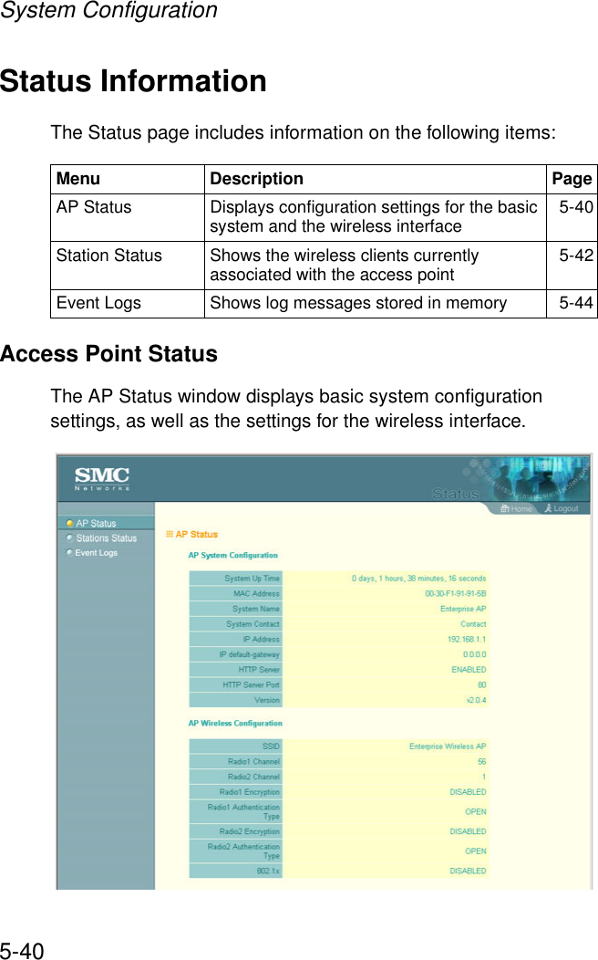 System Configuration5-40Status InformationThe Status page includes information on the following items:Access Point StatusThe AP Status window displays basic system configuration settings, as well as the settings for the wireless interface.Menu Description PageAP Status  Displays configuration settings for the basic system and the wireless interface 5-40Station Status  Shows the wireless clients currently associated with the access point 5-42Event Logs  Shows log messages stored in memory 5-44