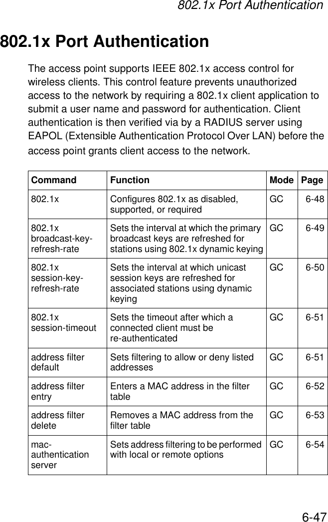 802.1x Port Authentication6-47802.1x Port AuthenticationThe access point supports IEEE 802.1x access control for wireless clients. This control feature prevents unauthorized access to the network by requiring a 802.1x client application to submit a user name and password for authentication. Client authentication is then verified via by a RADIUS server using EAPOL (Extensible Authentication Protocol Over LAN) before the access point grants client access to the network.Command Function Mode Page802.1x Configures 802.1x as disabled, supported, or required GC 6-48802.1x broadcast-key- refresh-rateSets the interval at which the primary broadcast keys are refreshed for stations using 802.1x dynamic keyingGC 6-49802.1x session-key- refresh-rate Sets the interval at which unicast session keys are refreshed for associated stations using dynamic keyingGC 6-50802.1x session-timeout Sets the timeout after which a connected client must be re-authenticatedGC 6-51address filter default Sets filtering to allow or deny listed addresses GC 6-51address filter entry Enters a MAC address in the filter table GC 6-52address filter delete Removes a MAC address from the filter table GC 6-53mac- authentication serverSets address filtering to be performed with local or remote options GC 6-54