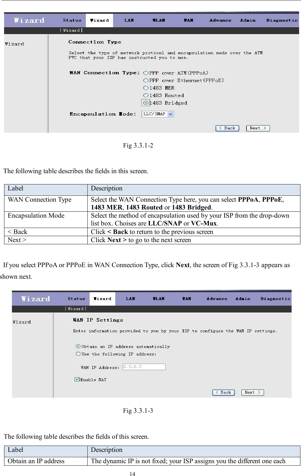                                                                     14  Fig 3.3.1-2  The following table describes the fields in this screen. Label  Description WAN Connection Type  Select the WAN Connection Type here, you can select PPPoA, PPPoE, 1483 MER, 1483 Routed or 1483 Bridged. Encapsulation Mode  Select the method of encapsulation used by your ISP from the drop-down list box. Choises are LLC/SNAP or VC-Mux. &lt; Back  Click &lt; Back to return to the previous screen Next &gt;  Click Next &gt; to go to the next screen  If you select PPPoA or PPPoE in WAN Connection Type, click Next, the screen of Fig 3.3.1-3 appears as shown next.  Fig 3.3.1-3    The following table describes the fields of this screen. Label  Description Obtain an IP address The dynamic IP is not fixed; your ISP assigns you the different one each 