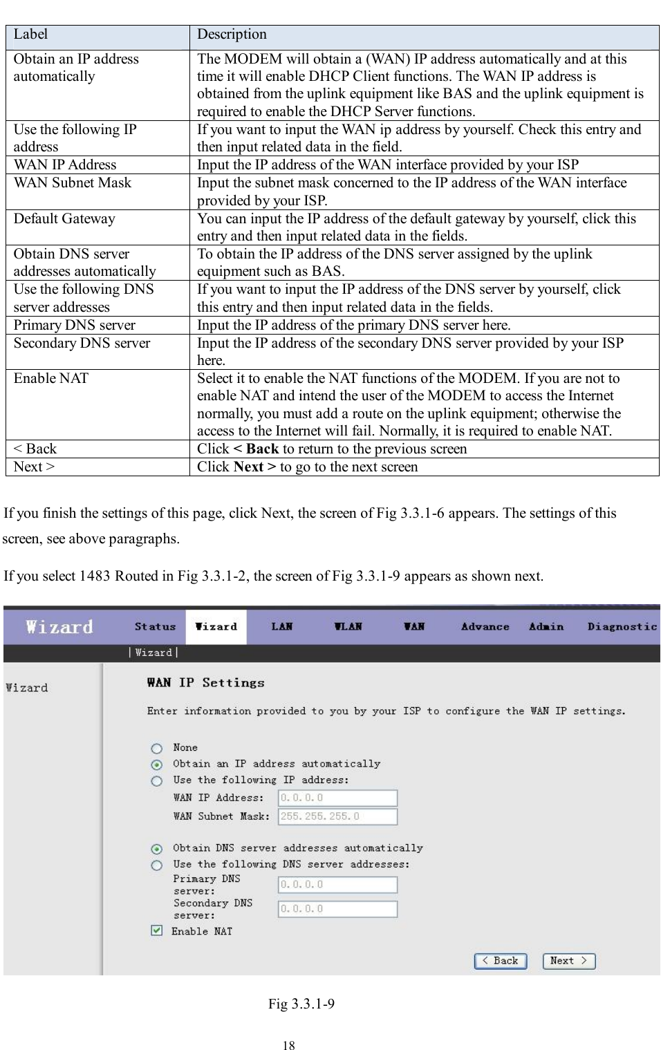                                                                     18 Label  Description Obtain an IP address automatically The MODEM will obtain a (WAN) IP address automatically and at this time it will enable DHCP Client functions. The WAN IP address is obtained from the uplink equipment like BAS and the uplink equipment is required to enable the DHCP Server functions. Use the following IP address If you want to input the WAN ip address by yourself. Check this entry and then input related data in the field. WAN IP Address  Input the IP address of the WAN interface provided by your ISP WAN Subnet Mask  Input the subnet mask concerned to the IP address of the WAN interface provided by your ISP. Default Gateway  You can input the IP address of the default gateway by yourself, click this entry and then input related data in the fields. Obtain DNS server addresses automatically To obtain the IP address of the DNS server assigned by the uplink equipment such as BAS. Use the following DNS server addresses If you want to input the IP address of the DNS server by yourself, click this entry and then input related data in the fields. Primary DNS server  Input the IP address of the primary DNS server here. Secondary DNS server  Input the IP address of the secondary DNS server provided by your ISP here. Enable NAT  Select it to enable the NAT functions of the MODEM. If you are not to enable NAT and intend the user of the MODEM to access the Internet normally, you must add a route on the uplink equipment; otherwise the access to the Internet will fail. Normally, it is required to enable NAT. &lt; Back  Click &lt; Back to return to the previous screen Next &gt;  Click Next &gt; to go to the next screen  If you finish the settings of this page, click Next, the screen of Fig 3.3.1-6 appears. The settings of this screen, see above paragraphs. If you select 1483 Routed in Fig 3.3.1-2, the screen of Fig 3.3.1-9 appears as shown next.  Fig 3.3.1-9 