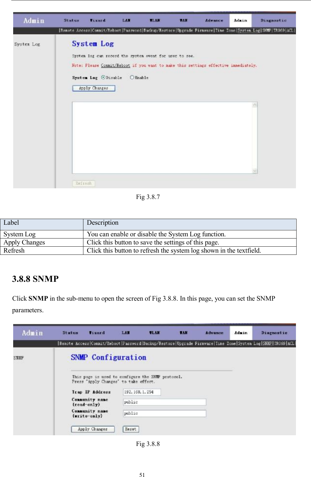                                                                     51  Fig 3.8.7  Label  Description System Log  You can enable or disable the System Log function. Apply Changes  Click this button to save the settings of this page. Refresh  Click this button to refresh the system log shown in the textfield.  3.8.8 SNMP Click SNMP in the sub-menu to open the screen of Fig 3.8.8. In this page, you can set the SNMP parameters.   Fig 3.8.8  