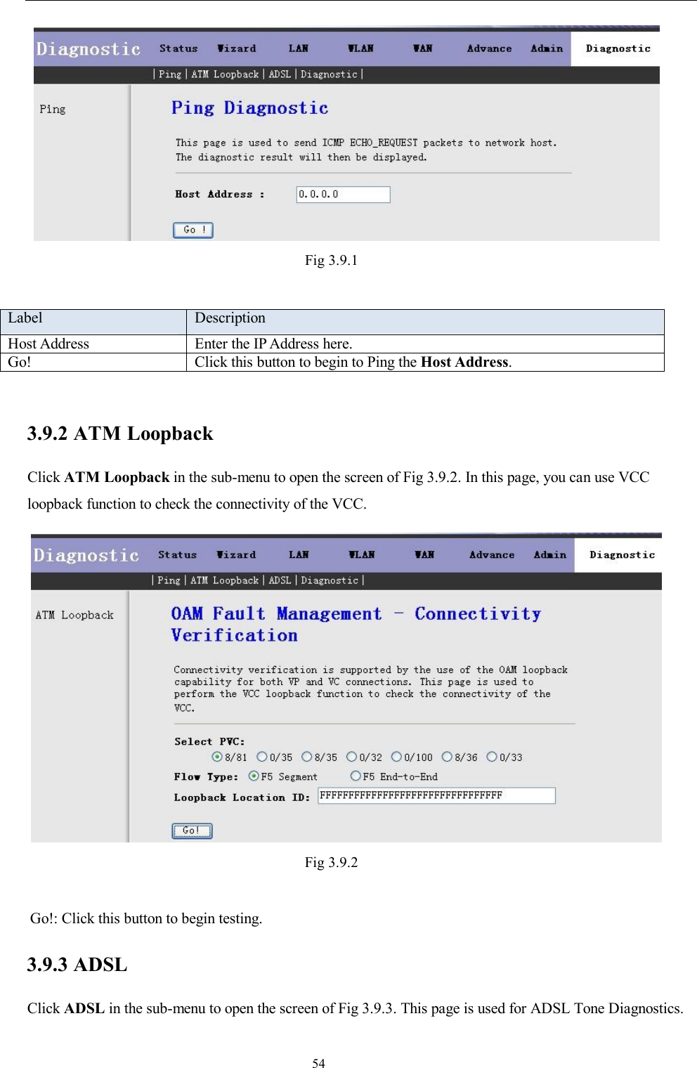                                                                     54  Fig 3.9.1  Label  Description Host Address  Enter the IP Address here. Go!  Click this button to begin to Ping the Host Address.  3.9.2 ATM Loopback Click ATM Loopback in the sub-menu to open the screen of Fig 3.9.2. In this page, you can use VCC loopback function to check the connectivity of the VCC.  Fig 3.9.2    Go!: Click this button to begin testing. 3.9.3 ADSL Click ADSL in the sub-menu to open the screen of Fig 3.9.3. This page is used for ADSL Tone Diagnostics. 