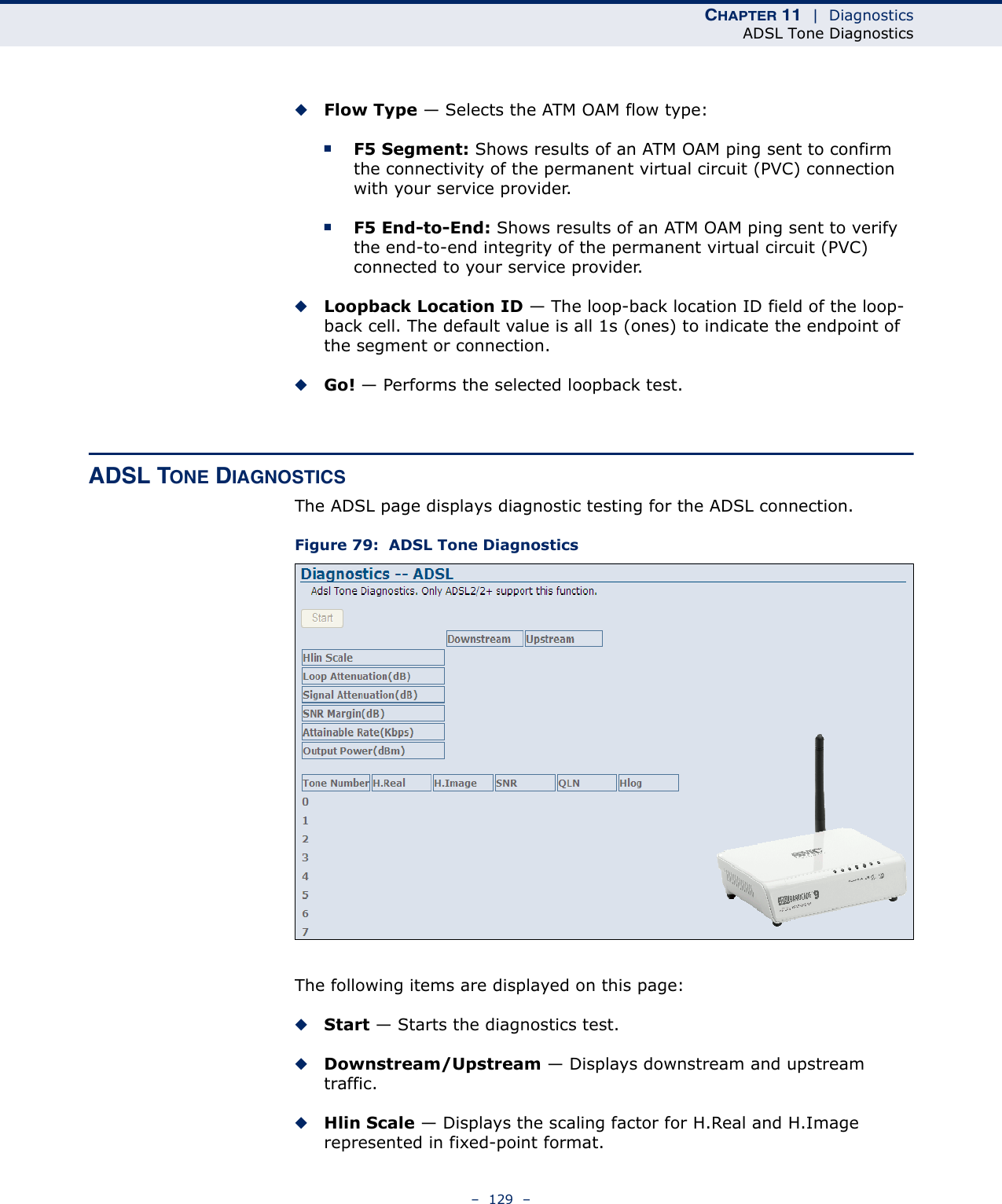 CHAPTER 11  |  DiagnosticsADSL Tone Diagnostics–  129  –◆Flow Type — Selects the ATM OAM flow type:■F5 Segment: Shows results of an ATM OAM ping sent to confirm the connectivity of the permanent virtual circuit (PVC) connection with your service provider.■F5 End-to-End: Shows results of an ATM OAM ping sent to verify the end-to-end integrity of the permanent virtual circuit (PVC) connected to your service provider.◆Loopback Location ID — The loop-back location ID field of the loop-back cell. The default value is all 1s (ones) to indicate the endpoint of the segment or connection.◆Go! — Performs the selected loopback test.ADSL TONE DIAGNOSTICSThe ADSL page displays diagnostic testing for the ADSL connection.Figure 79:  ADSL Tone DiagnosticsThe following items are displayed on this page:◆Start — Starts the diagnostics test.◆Downstream/Upstream — Displays downstream and upstream traffic.◆Hlin Scale — Displays the scaling factor for H.Real and H.Image represented in fixed-point format.