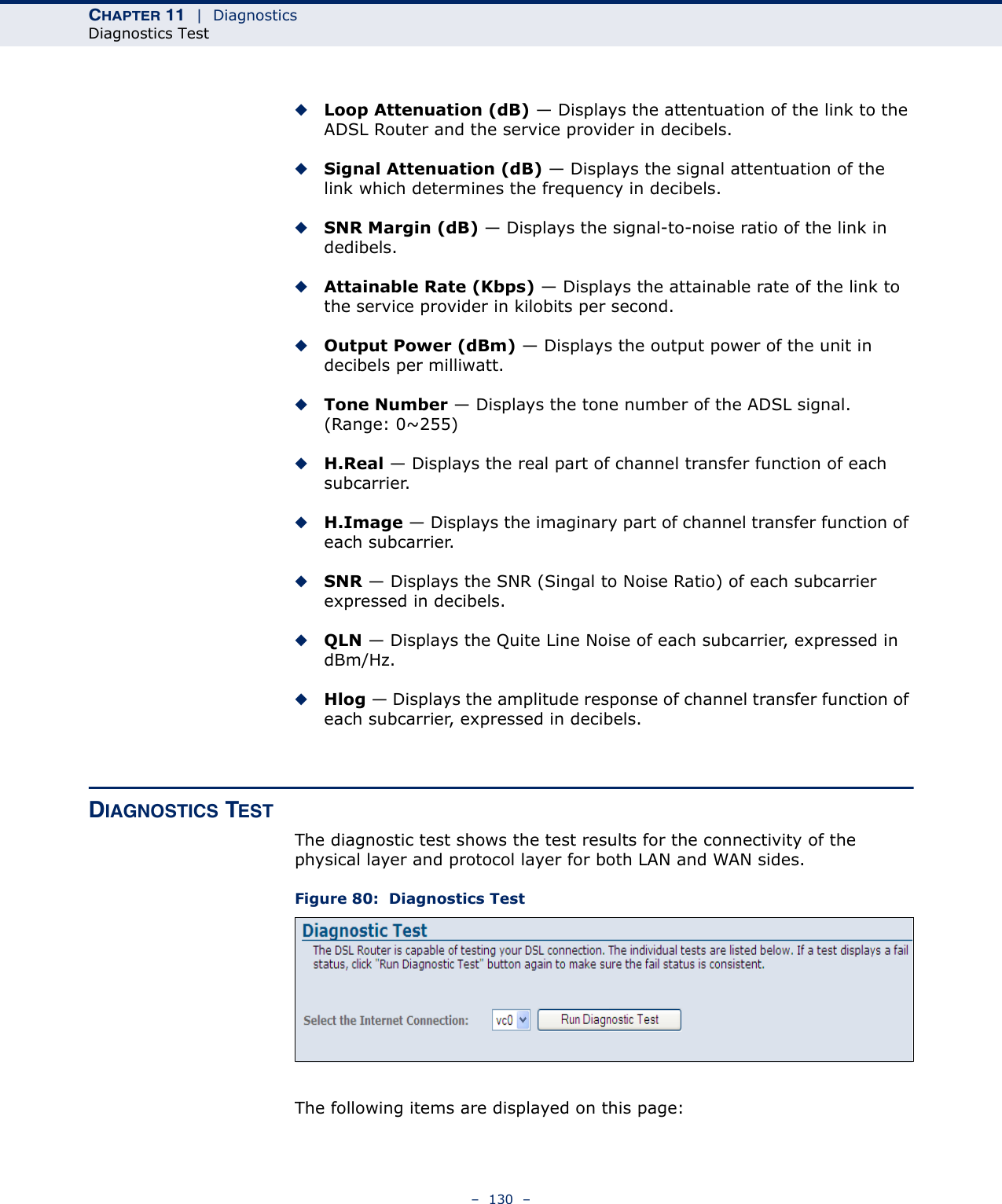 CHAPTER 11  |  DiagnosticsDiagnostics Test–  130  –◆Loop Attenuation (dB) — Displays the attentuation of the link to the ADSL Router and the service provider in decibels.◆Signal Attenuation (dB) — Displays the signal attentuation of the link which determines the frequency in decibels.◆SNR Margin (dB) — Displays the signal-to-noise ratio of the link in dedibels.◆Attainable Rate (Kbps) — Displays the attainable rate of the link to the service provider in kilobits per second.◆Output Power (dBm) — Displays the output power of the unit in decibels per milliwatt.◆Tone Number — Displays the tone number of the ADSL signal. (Range: 0~255)◆H.Real — Displays the real part of channel transfer function of each subcarrier.◆H.Image — Displays the imaginary part of channel transfer function of each subcarrier.◆SNR — Displays the SNR (Singal to Noise Ratio) of each subcarrier expressed in decibels.◆QLN — Displays the Quite Line Noise of each subcarrier, expressed in dBm/Hz.◆Hlog — Displays the amplitude response of channel transfer function of each subcarrier, expressed in decibels.DIAGNOSTICS TESTThe diagnostic test shows the test results for the connectivity of the physical layer and protocol layer for both LAN and WAN sides.Figure 80:  Diagnostics TestThe following items are displayed on this page: