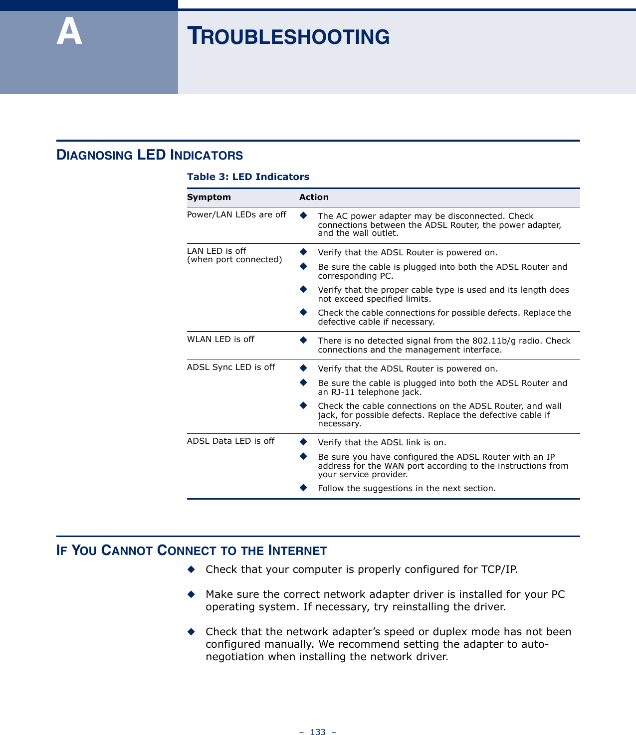 –  133  –ATROUBLESHOOTINGDIAGNOSING LED INDICATORS IF YOU CANNOT CONNECT TO THE INTERNET◆Check that your computer is properly configured for TCP/IP.◆Make sure the correct network adapter driver is installed for your PC operating system. If necessary, try reinstalling the driver.◆Check that the network adapter’s speed or duplex mode has not been configured manually. We recommend setting the adapter to auto-negotiation when installing the network driver.Table 3: LED IndicatorsSymptom ActionPower/LAN LEDs are off ◆The AC power adapter may be disconnected. Check connections between the ADSL Router, the power adapter, and the wall outlet.LAN LED is off (when port connected)◆Verify that the ADSL Router is powered on.◆Be sure the cable is plugged into both the ADSL Router and corresponding PC.◆Verify that the proper cable type is used and its length does not exceed specified limits.◆Check the cable connections for possible defects. Replace the defective cable if necessary.WLAN LED is off ◆There is no detected signal from the 802.11b/g radio. Check connections and the management interface.ADSL Sync LED is off ◆Verify that the ADSL Router is powered on. ◆Be sure the cable is plugged into both the ADSL Router and an RJ-11 telephone jack. ◆Check the cable connections on the ADSL Router, and wall jack, for possible defects. Replace the defective cable if necessary.ADSL Data LED is off ◆Verify that the ADSL link is on.◆Be sure you have configured the ADSL Router with an IP address for the WAN port according to the instructions from your service provider.◆Follow the suggestions in the next section.