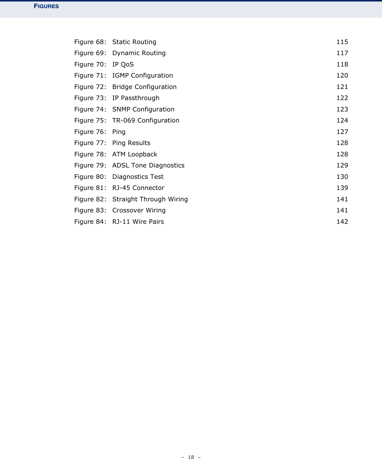 FIGURES–  18  –Figure 68: Static Routing 115Figure 69: Dynamic Routing 117Figure 70: IP QoS 118Figure 71: IGMP Configuration 120Figure 72: Bridge Configuration 121Figure 73: IP Passthrough 122Figure 74: SNMP Configuration 123Figure 75: TR-069 Configuration 124Figure 76: Ping 127Figure 77: Ping Results 128Figure 78: ATM Loopback 128Figure 79: ADSL Tone Diagnostics 129Figure 80: Diagnostics Test 130Figure 81: RJ-45 Connector 139Figure 82: Straight Through Wiring 141Figure 83: Crossover Wiring 141Figure 84: RJ-11 Wire Pairs 142