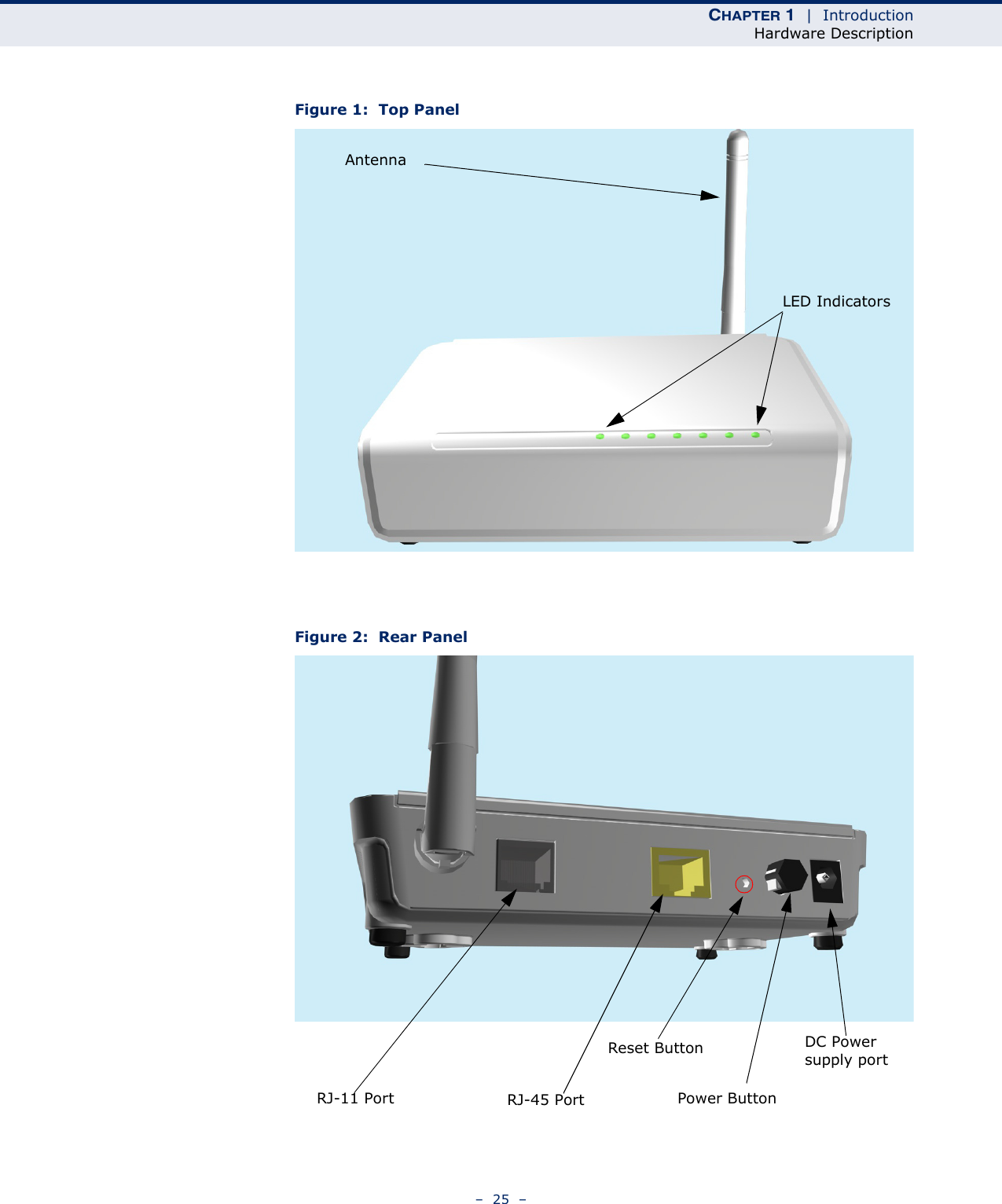 CHAPTER 1  |  IntroductionHardware Description–  25  –Figure 1:  Top PanelFigure 2:  Rear PanelLED IndicatorsAntennaRJ-11 Port RJ-45 PortReset ButtonPower ButtonDC Power supply port