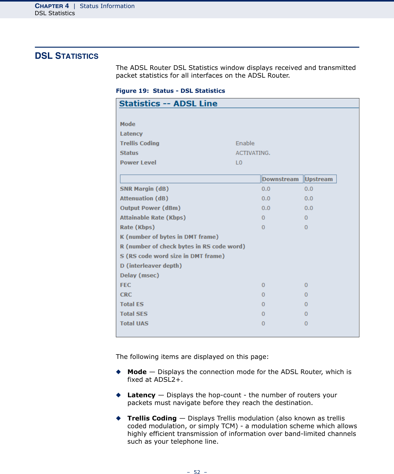 CHAPTER 4  |  Status InformationDSL Statistics–  52  –DSL STATISTICSThe ADSL Router DSL Statistics window displays received and transmitted packet statistics for all interfaces on the ADSL Router.Figure 19:  Status - DSL StatisticsThe following items are displayed on this page:◆Mode — Displays the connection mode for the ADSL Router, which is fixed at ADSL2+.◆Latency — Displays the hop-count - the number of routers your packets must navigate before they reach the destination.◆Trellis Coding — Displays Trellis modulation (also known as trellis coded modulation, or simply TCM) - a modulation scheme which allows highly efficient transmission of information over band-limited channels such as your telephone line.