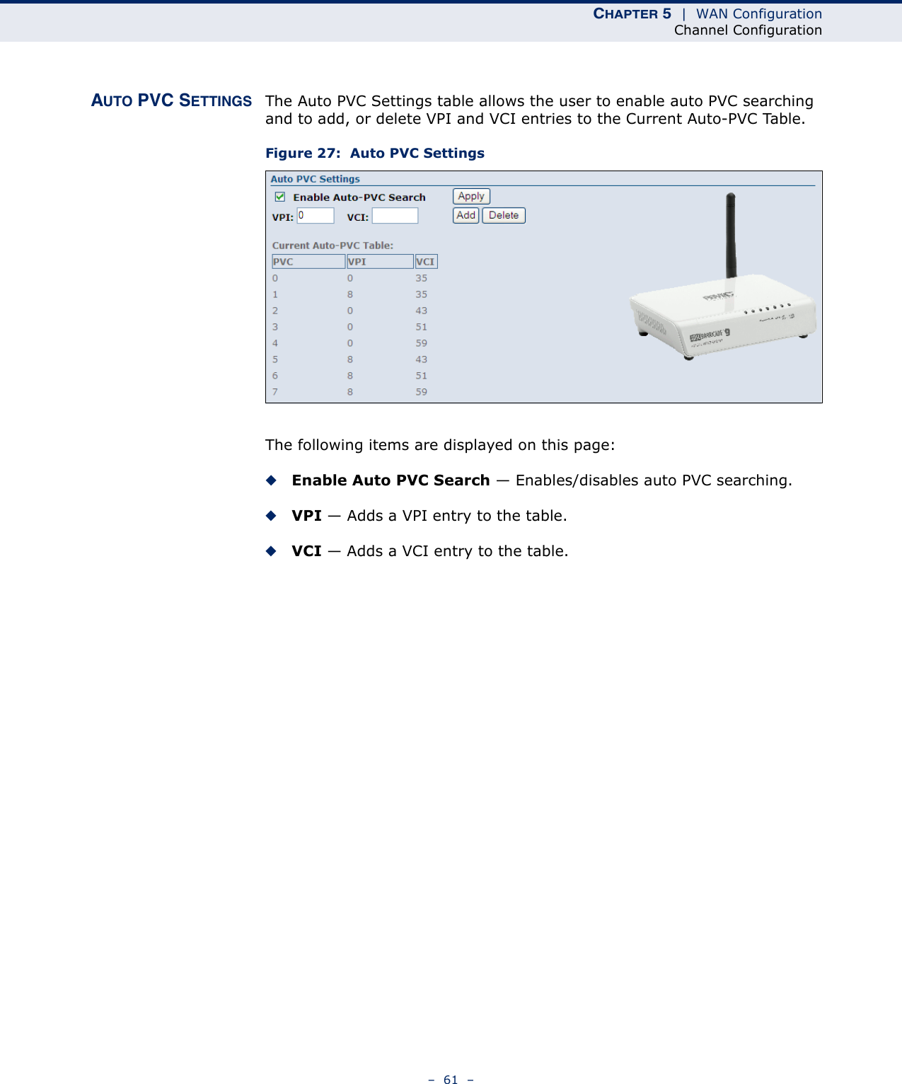 CHAPTER 5  |  WAN ConfigurationChannel Configuration–  61  –AUTO PVC SETTINGS The Auto PVC Settings table allows the user to enable auto PVC searching and to add, or delete VPI and VCI entries to the Current Auto-PVC Table.Figure 27:  Auto PVC SettingsThe following items are displayed on this page:◆Enable Auto PVC Search — Enables/disables auto PVC searching.◆VPI — Adds a VPI entry to the table.◆VCI — Adds a VCI entry to the table.