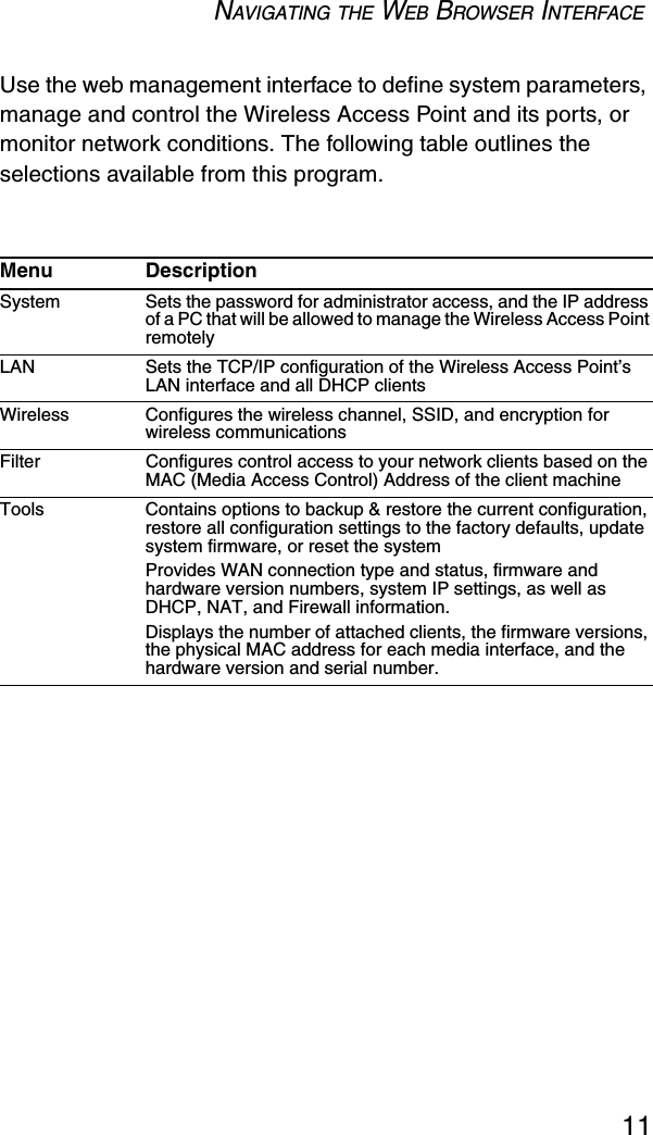 NAVIGATING THE WEB BROWSER INTERFACE11Use the web management interface to define system parameters, manage and control the Wireless Access Point and its ports, or monitor network conditions. The following table outlines the selections available from this program.Menu DescriptionSystem Sets the password for administrator access, and the IP address of a PC that will be allowed to manage the Wireless Access Point remotelyLAN Sets the TCP/IP configuration of the Wireless Access Point’s LAN interface and all DHCP clientsWireless Configures the wireless channel, SSID, and encryption for wireless communicationsFilter Configures control access to your network clients based on the MAC (Media Access Control) Address of the client machineTools Contains options to backup &amp; restore the current configuration, restore all configuration settings to the factory defaults, update system firmware, or reset the systemProvides WAN connection type and status, firmware and hardware version numbers, system IP settings, as well as DHCP, NAT, and Firewall information.Displays the number of attached clients, the firmware versions, the physical MAC address for each media interface, and the hardware version and serial number.