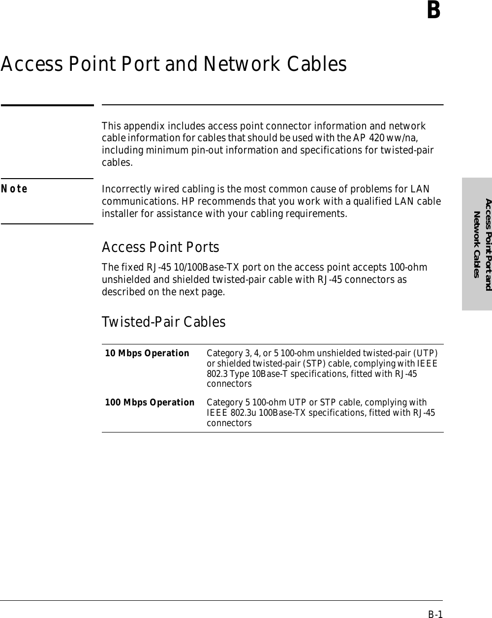 B-1Access Point Port and Network CablesBAccess Point Port and Network CablesThis appendix includes access point connector information and network cable information for cables that should be used with the AP 420 ww/na, including minimum pin-out information and specifications for twisted-pair cables.Note Incorrectly wired cabling is the most common cause of problems for LAN communications. HP recommends that you work with a qualified LAN cable installer for assistance with your cabling requirements.Access Point PortsThe fixed RJ-45 10/100Base-TX port on the access point accepts 100-ohm unshielded and shielded twisted-pair cable with RJ-45 connectors as described on the next page.Twisted-Pair Cables10 Mbps Operation Category 3, 4, or 5 100-ohm unshielded twisted-pair (UTP) or shielded twisted-pair (STP) cable, complying with IEEE 802.3 Type 10Base-T specifications, fitted with RJ-45 connectors100 Mbps Operation Category 5 100-ohm UTP or STP cable, complying with IEEE 802.3u 100Base-TX specifications, fitted with RJ-45 connectors