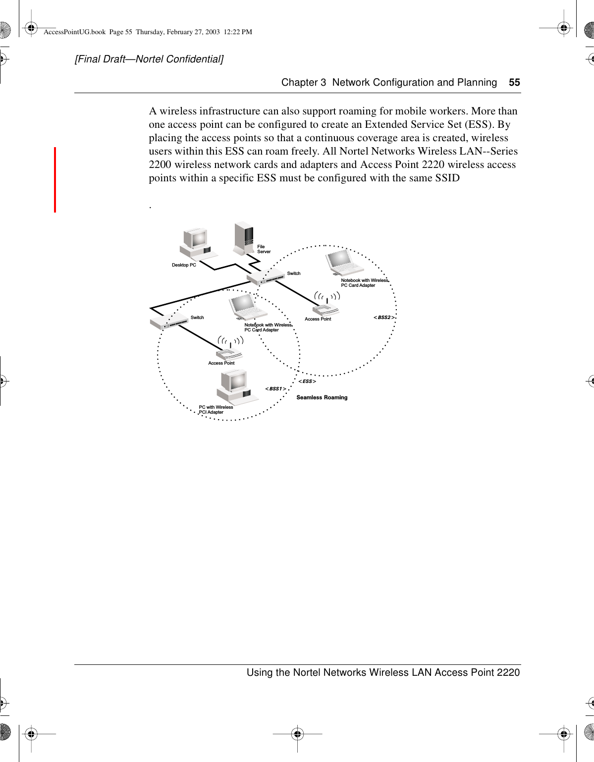 Chapter 3 Network Configuration and Planning 55Using the Nortel Networks Wireless LAN Access Point 2220[Final Draft—Nortel Confidential]A wireless infrastructure can also support roaming for mobile workers. More thanone access point can be configured to create an Extended Service Set (ESS). Byplacing the access points so that a continuous coverage area is created, wirelessusers within this ESS can roam freely. All Nortel Networks Wireless LAN--Series2200 wireless network cards and adapters and Access Point 2220 wireless accesspoints within a specific ESS must be configured with the same SSID.FileServerSwitchDesktop PCAccess Point&lt;BSS2&gt;Notebook with WirelessPC Card AdapterSeamless Roaming&lt;ESS&gt;SwitchAccess Point&lt;BSS1&gt;PC with WirelessPCI AdapterNotebook with WirelessPC Card AdapterAccessPointUG.book Page 55 Thursday, February 27, 2003 12:22 PM