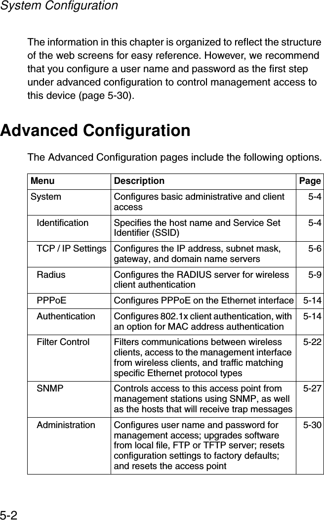 System Configuration5-2The information in this chapter is organized to reflect the structure of the web screens for easy reference. However, we recommend that you configure a user name and password as the first step under advanced configuration to control management access to this device (page 5-30). Advanced ConfigurationThe Advanced Configuration pages include the following options.Menu Description PageSystem Configures basic administrative and client access 5-4Identification Specifies the host name and Service Set Identifier (SSID) 5-4TCP / IP Settings  Configures the IP address, subnet mask, gateway, and domain name servers 5-6Radius Configures the RADIUS server for wireless client authentication 5-9PPPoE Configures PPPoE on the Ethernet interface 5-14Authentication Configures 802.1x client authentication, with an option for MAC address authentication  5-14Filter Control  Filters communications between wireless clients, access to the management interface from wireless clients, and traffic matching specific Ethernet protocol types5-22SNMP Controls access to this access point from management stations using SNMP, as well as the hosts that will receive trap messages5-27Administration Configures user name and password for management access; upgrades software from local file, FTP or TFTP server; resets configuration settings to factory defaults; and resets the access point5-30