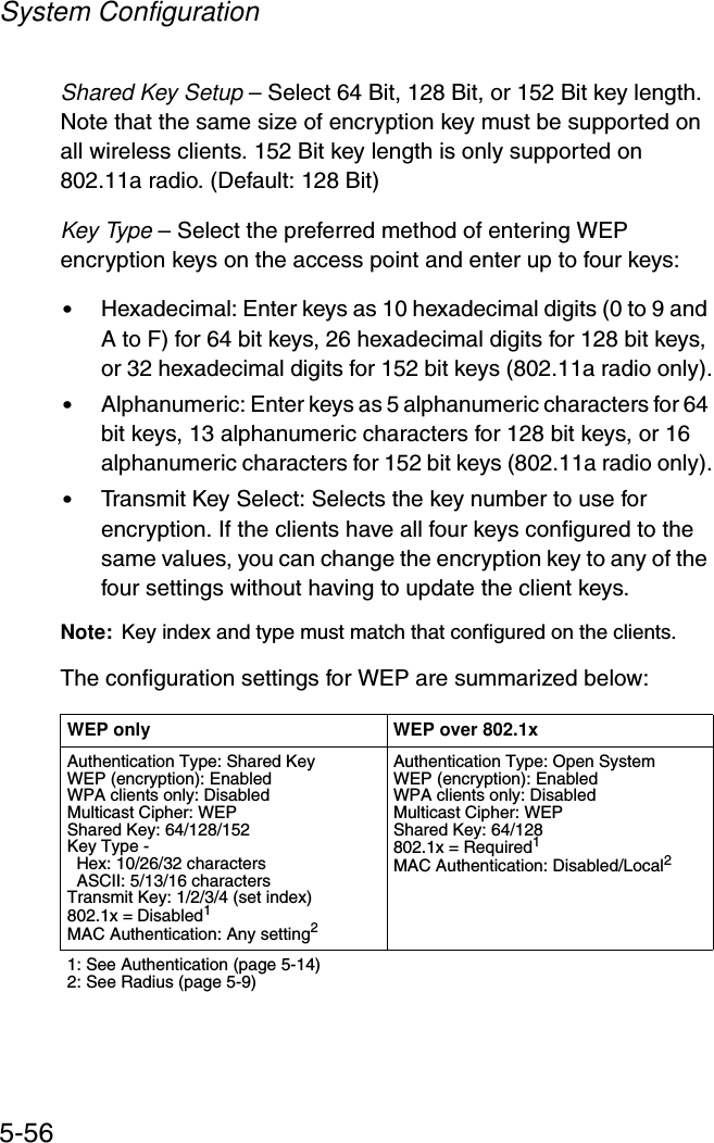 System Configuration5-56Shared Key Setup – Select 64 Bit, 128 Bit, or 152 Bit key length. Note that the same size of encryption key must be supported on all wireless clients. 152 Bit key length is only supported on 802.11a radio. (Default: 128 Bit)Key Type – Select the preferred method of entering WEP encryption keys on the access point and enter up to four keys:•Hexadecimal: Enter keys as 10 hexadecimal digits (0 to 9 and A to F) for 64 bit keys, 26 hexadecimal digits for 128 bit keys, or 32 hexadecimal digits for 152 bit keys (802.11a radio only).•Alphanumeric: Enter keys as 5 alphanumeric characters for 64 bit keys, 13 alphanumeric characters for 128 bit keys, or 16 alphanumeric characters for 152 bit keys (802.11a radio only).•Transmit Key Select: Selects the key number to use for encryption. If the clients have all four keys configured to the same values, you can change the encryption key to any of the four settings without having to update the client keys.Note: Key index and type must match that configured on the clients.The configuration settings for WEP are summarized below:WEP only WEP over 802.1xAuthentication Type: Shared KeyWEP (encryption): EnabledWPA clients only: DisabledMulticast Cipher: WEPShared Key: 64/128/152Key Type -   Hex: 10/26/32 characters  ASCII: 5/13/16 charactersTransmit Key: 1/2/3/4 (set index)802.1x = Disabled1MAC Authentication: Any setting2Authentication Type: Open SystemWEP (encryption): EnabledWPA clients only: DisabledMulticast Cipher: WEPShared Key: 64/128802.1x = Required1MAC Authentication: Disabled/Local21: See Authentication (page 5-14)2: See Radius (page 5-9)