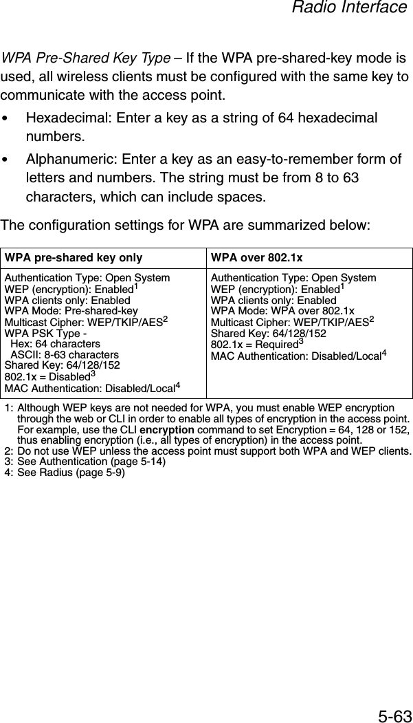 Radio Interface5-63WPA Pre-Shared Key Type – If the WPA pre-shared-key mode is used, all wireless clients must be configured with the same key to communicate with the access point.•Hexadecimal: Enter a key as a string of 64 hexadecimal numbers.•Alphanumeric: Enter a key as an easy-to-remember form of letters and numbers. The string must be from 8 to 63 characters, which can include spaces.The configuration settings for WPA are summarized below:WPA pre-shared key only WPA over 802.1xAuthentication Type: Open SystemWEP (encryption): Enabled1WPA clients only: EnabledWPA Mode: Pre-shared-keyMulticast Cipher: WEP/TKIP/AES2WPA PSK Type -   Hex: 64 characters  ASCII: 8-63 charactersShared Key: 64/128/152802.1x = Disabled3MAC Authentication: Disabled/Local4Authentication Type: Open SystemWEP (encryption): Enabled1WPA clients only: EnabledWPA Mode: WPA over 802.1xMulticast Cipher: WEP/TKIP/AES2Shared Key: 64/128/152802.1x = Required3MAC Authentication: Disabled/Local41: Although WEP keys are not needed for WPA, you must enable WEP encryption through the web or CLI in order to enable all types of encryption in the access point. For example, use the CLI encryption command to set Encryption = 64, 128 or 152, thus enabling encryption (i.e., all types of encryption) in the access point.2: Do not use WEP unless the access point must support both WPA and WEP clients.3: See Authentication (page 5-14)4: See Radius (page 5-9)