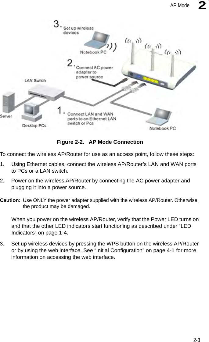 AP Mode2-32Figure 2-2.   AP Mode ConnectionTo connect the wireless AP/Router for use as an access point, follow these steps:1. Using Ethernet cables, connect the wireless AP/Router’s LAN and WAN ports to PCs or a LAN switch.2. Power on the wireless AP/Router by connecting the AC power adapter and plugging it into a power source.Caution: Use ONLY the power adapter supplied with the wireless AP/Router. Otherwise, the product may be damaged.When you power on the wireless AP/Router, verify that the Power LED turns on and that the other LED indicators start functioning as described under “LED Indicators” on page 1-4.3. Set up wireless devices by pressing the WPS button on the wireless AP/Router or by using the web interface. See “Initial Configuration” on page 4-1 for more information on accessing the web interface.