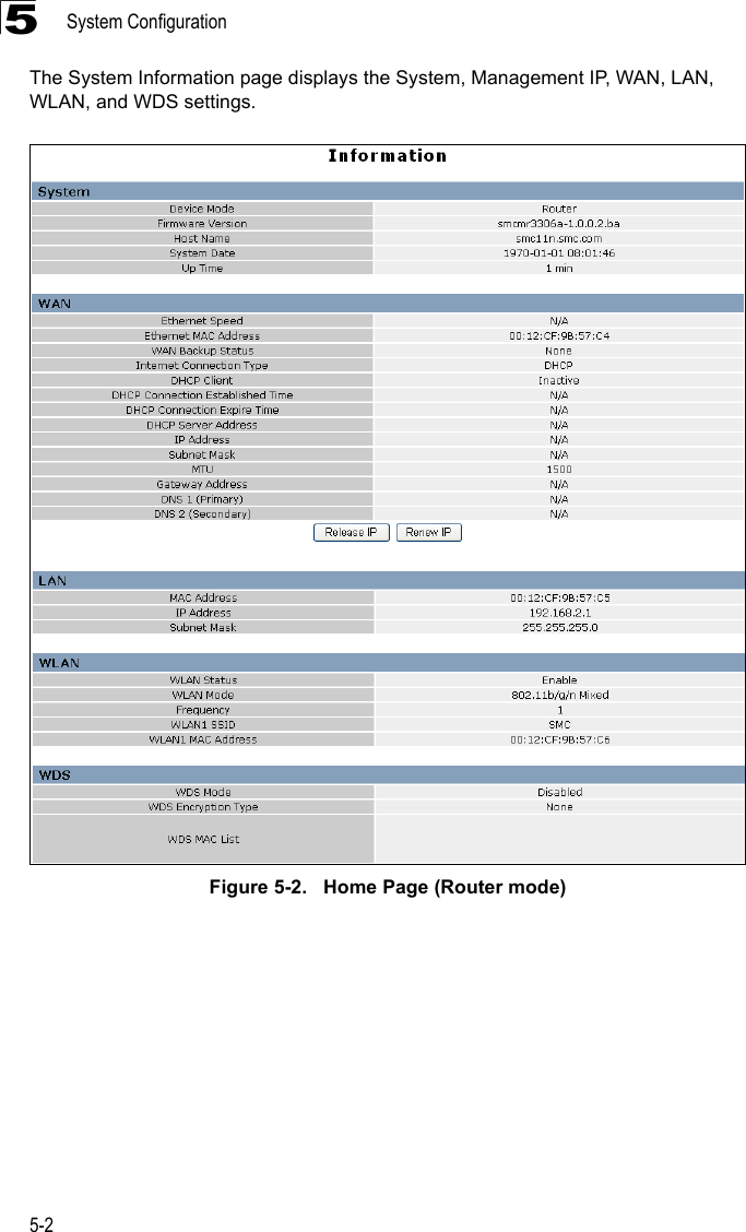 System Configuration5-25The System Information page displays the System, Management IP, WAN, LAN, WLAN, and WDS settings.Figure 5-2.   Home Page (Router mode)