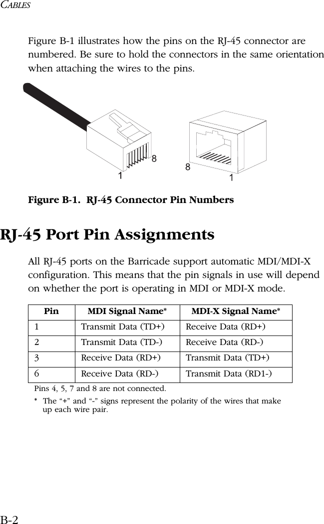 CABLESB-2Figure B-1 illustrates how the pins on the RJ-45 connector are numbered. Be sure to hold the connectors in the same orientation when attaching the wires to the pins.Figure B-1.  RJ-45 Connector Pin NumbersRJ-45 Port Pin AssignmentsAll RJ-45 ports on the Barricade support automatic MDI/MDI-X configuration. This means that the pin signals in use will depend on whether the port is operating in MDI or MDI-X mode.Pin MDI Signal Name* MDI-X Signal Name*1 Transmit Data (TD+) Receive Data (RD+)2 Transmit Data (TD-) Receive Data (RD-)3 Receive Data (RD+) Transmit Data (TD+)6 Receive Data (RD-) Transmit Data (RD1-)Pins 4, 5, 7 and 8 are not connected.* The “+” and “-” signs represent the polarity of the wires that make up each wire pair.