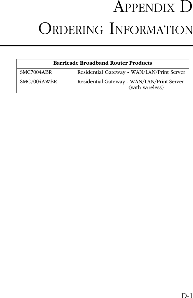 D-1APPENDIX DORDERING INFORMATIONBarricade Broadband Router ProductsSMC7004ABR Residential Gateway - WAN/LAN/Print ServerSMC7004AWBR Residential Gateway - WAN/LAN/Print Server (with wireless)