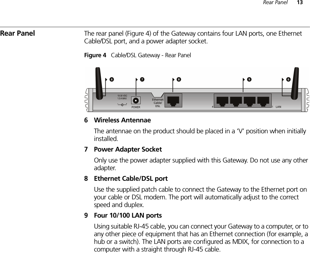 Rear Panel 13Rear Panel The rear panel (Figure 4) of the Gateway contains four LAN ports, one Ethernet Cable/DSL port, and a power adapter socket.Figure 4   Cable/DSL Gateway - Rear Panel6 Wireless AntennaeThe antennae on the product should be placed in a ‘V’ position when initially installed.7 Power Adapter SocketOnly use the power adapter supplied with this Gateway. Do not use any other adapter.8 Ethernet Cable/DSL portUse the supplied patch cable to connect the Gateway to the Ethernet port on your cable or DSL modem. The port will automatically adjust to the correct speed and duplex.9 Four 10/100 LAN portsUsing suitable RJ-45 cable, you can connect your Gateway to a computer, or to any other piece of equipment that has an Ethernet connection (for example, a hub or a switch). The LAN ports are configured as MDIX, for connection to a computer with a straight through RJ-45 cable.
