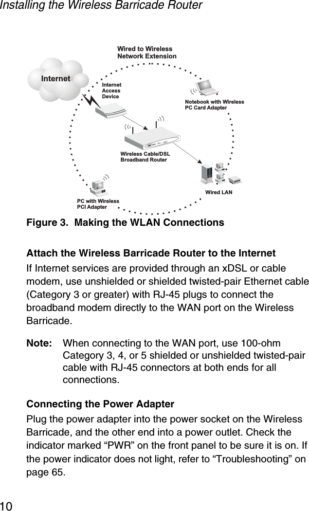 Installing the Wireless Barricade Router10Figure 3.  Making the WLAN ConnectionsAttach the Wireless Barricade Router to the InternetIf Internet services are provided through an xDSL or cable modem, use unshielded or shielded twisted-pair Ethernet cable (Category 3 or greater) with RJ-45 plugs to connect the broadband modem directly to the WAN port on the Wireless Barricade.Note: When connecting to the WAN port, use 100-ohm Category 3, 4, or 5 shielded or unshielded twisted-pair cable with RJ-45 connectors at both ends for all connections.Connecting the Power AdapterPlug the power adapter into the power socket on the Wireless Barricade, and the other end into a power outlet. Check the indicator marked “PWR” on the front panel to be sure it is on. If the power indicator does not light, refer to “Troubleshooting” on page 65.InternetInternetAccessDeviceWirelessRouterCable/DSLBroadbandNotebook with WirelessPC Card AdapterPC with WirelessPCI AdapterWired LANWired to WirelessNetwork ExtensionSMC7004AWBRLAN1PWRWLANWAN 23LinkActivity