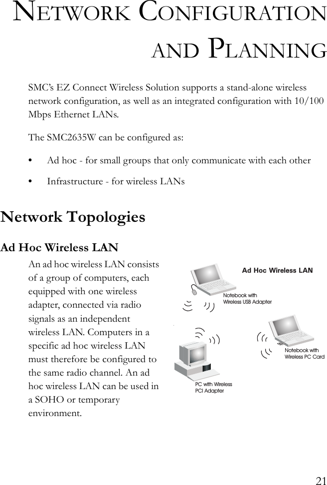 21NETWORK CONFIGURATIONAND PLANNINGSMC’s EZ Connect Wireless Solution supports a stand-alone wireless network configuration, as well as an integrated configuration with 10/100 Mbps Ethernet LANs.The SMC2635W can be configured as:•Ad hoc - for small groups that only communicate with each other•Infrastructure - for wireless LANsNetwork TopologiesAd Hoc Wireless LANAn ad hoc wireless LAN consists of a group of computers, each equipped with one wireless adapter, connected via radio signals as an independent wireless LAN. Computers in a specific ad hoc wireless LAN must therefore be configured to the same radio channel. An ad hoc wireless LAN can be used in a SOHO or temporary environment.Ad Hoc Wireless LANNotebook withWireless USB AdapterNotebook withWireless PC CardPC with WirelessPCI Adapter