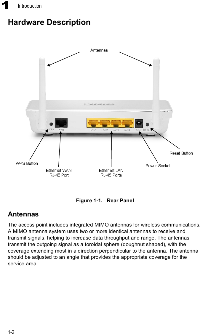 Introduction1-21Hardware DescriptionFigure1-1.   Rear PanelAntennasThe access point includes integrated MIMO antennas for wireless communications. A MIMO antenna system uses two or more identical antennas to receive and transmit signals, helping to increase data throughput and range. The antennas transmit the outgoing signal as a toroidal sphere (doughnut shaped), with the coverage extending most in a direction perpendicular to the antenna. The antenna should be adjusted to an angle that provides the appropriate coverage for the service area. 