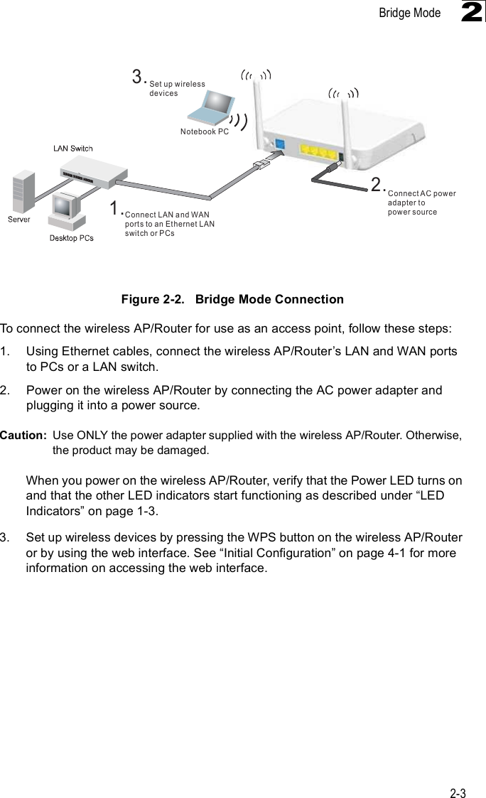 Bridge Mode2-32Figure2-2.   Bridge Mode ConnectionTo connect the wireless AP/Router for use as an access point, follow these steps:1.Using Ethernet cables, connect the wireless AP/Router%s LAN and WAN ports to PCs or a LAN switch.2.Power on the wireless AP/Router by connecting the AC power adapter and plugging it into a power source.Caution: Use ONLY the power adapter supplied with the wireless AP/Router. Otherwise, the product may be damaged.When you power on the wireless AP/Router, verify that the Power LED turns on and that the other LED indicators start functioning as described under &quot;LED Indicators# on page 1-3.3.Set up wireless devices by pressing the WPS button on the wireless AP/Router or by using the web interface. See &quot;Initial Configuration# on page 4-1 for more information on accessing the web interface.íòÍ»¬ «° ©·®»´»--¼»ª·½»-Ò±¬»¾±±µ ÐÝîòÝ±²²»½¬ßÝ °±©»®¿¼¿°¬»® ¬±°±©»® -±«®½»ïòÝ±²²»½¬ ÔßÒ ¿²¼ ÉßÒ°±®¬- ¬± ¿² Û¬¸»®²»¬ ÔßÒ-©·¬½¸ ±® ÐÝ-