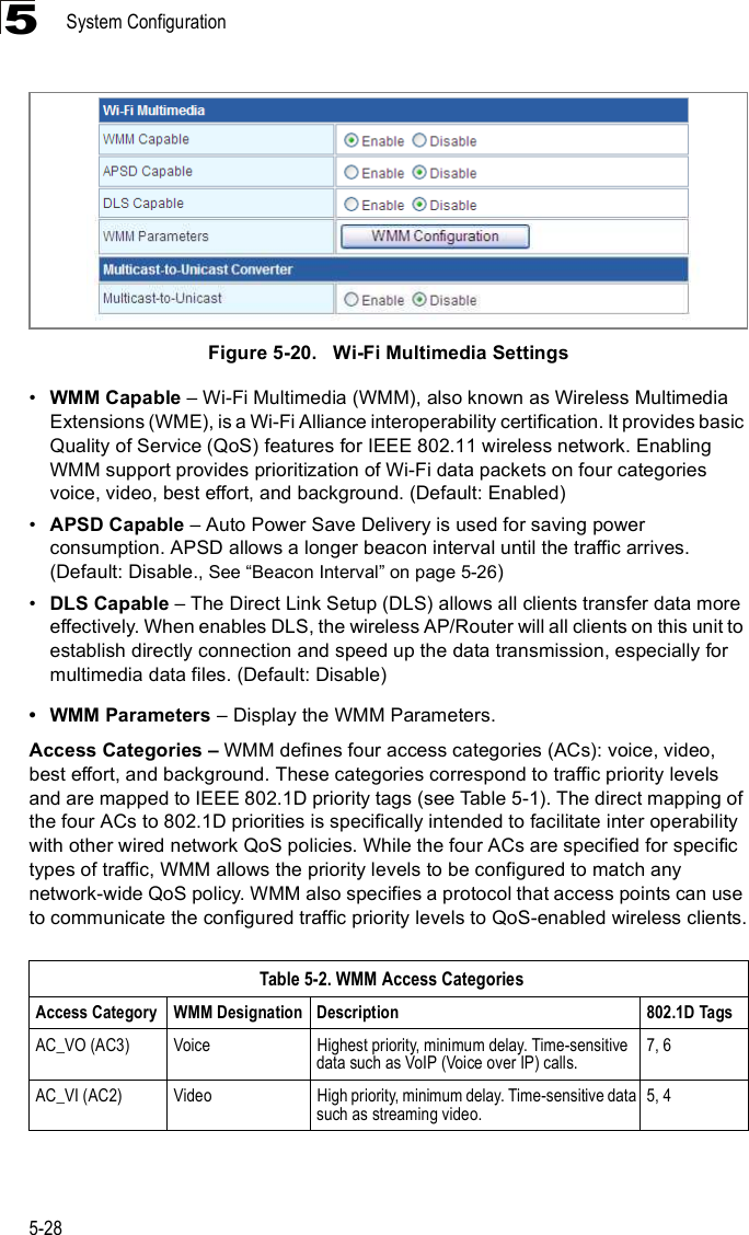 System Configuration5-285Figure5-20.   Wi-Fi Multimedia Settings !WMM Capable &amp; Wi-Fi Multimedia (WMM), also known as Wireless Multimedia Extensions (WME), is a Wi-Fi Alliance interoperability certification. It provides basic Quality of Service (QoS) features for IEEE 802.11 wireless network. Enabling WMM support provides prioritization of Wi-Fi data packets on four categories voice, video, best effort, and background. (Default: Enabled)!APSD Capable &amp; Auto Power Save Delivery is used for saving power consumption. APSD allows a longer beacon interval until the traffic arrives. (Default: Disable., See &quot;Beacon Interval# on page 5-26)!DLS Capable &amp; The Direct Link Setup (DLS) allows all clients transfer data more effectively. When enables DLS, the wireless AP/Router will all clients on this unit to establish directly connection and speed up the data transmission, especially for multimedia data files. (Default: Disable) WMM Parameters &amp; Display the WMM Parameters.Access Categories ! WMM defines four access categories (ACs): voice, video, best effort, and background. These categories correspond to traffic priority levels and are mapped to IEEE 802.1D priority tags (see Table 5-1). The direct mapping of the four ACs to 802.1D priorities is specifically intended to facilitate inter operability with other wired network QoS policies. While the four ACs are specified for specific types of traffic, WMM allows the priority levels to be configured to match any network-wide QoS policy. WMM also specifies a protocol that access points can use to communicate the configured traffic priority levels to QoS-enabled wireless clients.Table5-2. WMM Access CategoriesAccess CategoryWMM DesignationDescription 802.1D TagsAC_VO (AC3) Voice Highest priority, minimum delay. Time-sensitive data such as VoIP (Voice over IP) calls.7, 6AC_VI (AC2) Video High priority, minimum delay. Time-sensitive data such as streaming video.5, 4