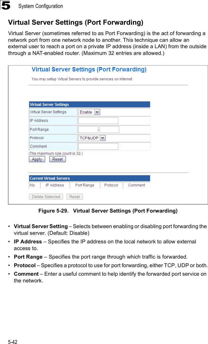 System Configuration5-425Virtual Server Settings (Port Forwarding)Virtual Server (sometimes referred to as Port Forwarding) is the act of forwarding a network port from one network node to another. This technique can allow an external user to reach a port on a private IP address (inside a LAN) from the outside through a NAT-enabled router. (Maximum 32 entries are allowed.) Figure5-29.   Virtual Server Settings (Port Forwarding)!Virtual Server Setting &amp; Selects between enabling or disabling port forwarding the virtual server. (Default: Disable)!IP Address &amp; Specifies the IP address on the local network to allow external access to.!Port Range &amp; Specifies the port range through which traffic is forwarded.!Protocol &amp; Specifies a protocol to use for port forwarding, either TCP, UDP or both.!Comment &amp; Enter a useful comment to help identify the forwarded port service on the network.