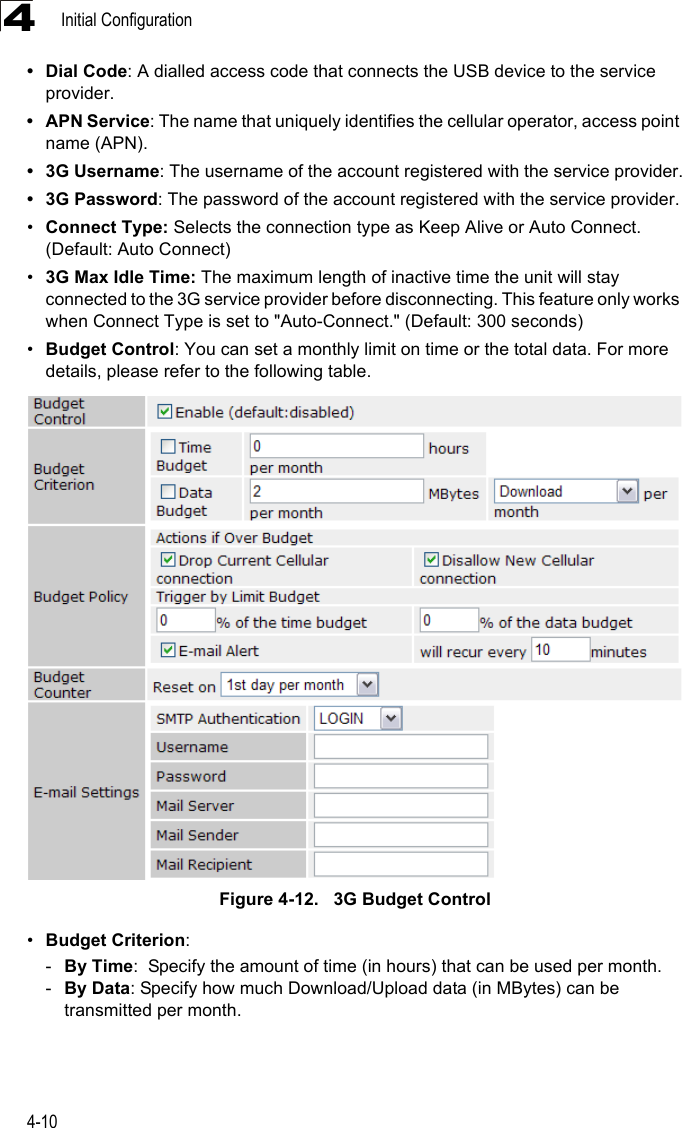 Initial Configuration4-104•Dial Code: A dialled access code that connects the USB device to the service provider.• APN Service: The name that uniquely identifies the cellular operator, access point name (APN).•3G Username: The username of the account registered with the service provider.• 3G Password: The password of the account registered with the service provider.•Connect Type: Selects the connection type as Keep Alive or Auto Connect. (Default: Auto Connect)•3G Max Idle Time: The maximum length of inactive time the unit will stay connected to the 3G service provider before disconnecting. This feature only works when Connect Type is set to &quot;Auto-Connect.&quot; (Default: 300 seconds)•Budget Control: You can set a monthly limit on time or the total data. For more details, please refer to the following table.Figure 4-12.   3G Budget Control•Budget Criterion: -By Time:  Specify the amount of time (in hours) that can be used per month.-By Data: Specify how much Download/Upload data (in MBytes) can be transmitted per month.