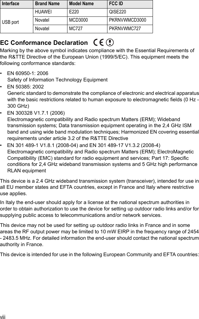 viiiEC Conformance DeclarationMarking by the above symbol indicates compliance with the Essential Requirements of the R&amp;TTE Directive of the European Union (1999/5/EC). This equipment meets the following conformance standards:•  EN 60950-1: 2006Safety of Information Technology Equipment•  EN 50385: 2002Generic standard to demonstrate the compliance of electronic and electrical apparatus with the basic restrictions related to human exposure to electromagnetic fields (0 Hz - 300 GHz)•  EN 300328 V1.7.1 (2006)Electromagnetic compatibility and Radio spectrum Matters (ERM); Wideband transmission systems; Data transmission equipment operating in the 2,4 GHz ISM band and using wide band modulation techniques; Harmonized EN covering essential requirements under article 3.2 of the R&amp;TTE Directive•  EN 301 489-1 V1.8.1 (2008-04) and EN 301 489-17 V1.3.2 (2008-4)Electromagnetic compatibility and Radio spectrum Matters (ERM); ElectroMagnetic Compatibility (EMC) standard for radio equipment and services; Part 17: Specific conditions for 2,4 GHz wideband transmission systems and 5 GHz high performance RLAN equipmentThis device is a 2.4 GHz wideband transmission system (transceiver), intended for use in all EU member states and EFTA countries, except in France and Italy where restrictive use applies.In Italy the end-user should apply for a license at the national spectrum authorities in order to obtain authorization to use the device for setting up outdoor radio links and/or for supplying public access to telecommunications and/or network services.This device may not be used for setting up outdoor radio links in France and in some areas the RF output power may be limited to 10 mW EIRP in the frequency range of 2454 - 2483.5 MHz. For detailed information the end-user should contact the national spectrum authority in France.This device is intended for use in the following European Community and EFTA countries: Interface Brand Name Model Name FCC IDUSB portHUAWEI E220 QISE220Novatel MCD3000 PKRNVWMCD3000Novatel MC727 PKRNVWMC727