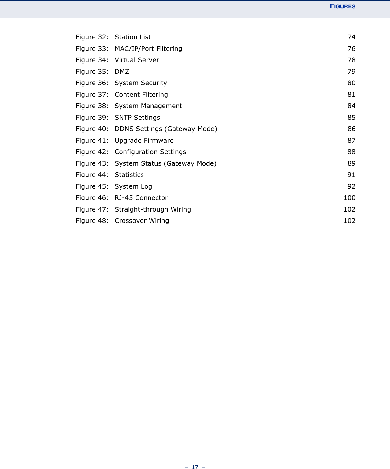 FIGURES–  17  –Figure 32: Station List 74Figure 33: MAC/IP/Port Filtering 76Figure 34: Virtual Server 78Figure 35: DMZ 79Figure 36: System Security 80Figure 37: Content Filtering 81Figure 38: System Management 84Figure 39: SNTP Settings 85Figure 40: DDNS Settings (Gateway Mode) 86Figure 41: Upgrade Firmware 87Figure 42: Configuration Settings 88Figure 43: System Status (Gateway Mode) 89Figure 44: Statistics 91Figure 45: System Log 92Figure 46: RJ-45 Connector 100Figure 47: Straight-through Wiring 102Figure 48: Crossover Wiring 102