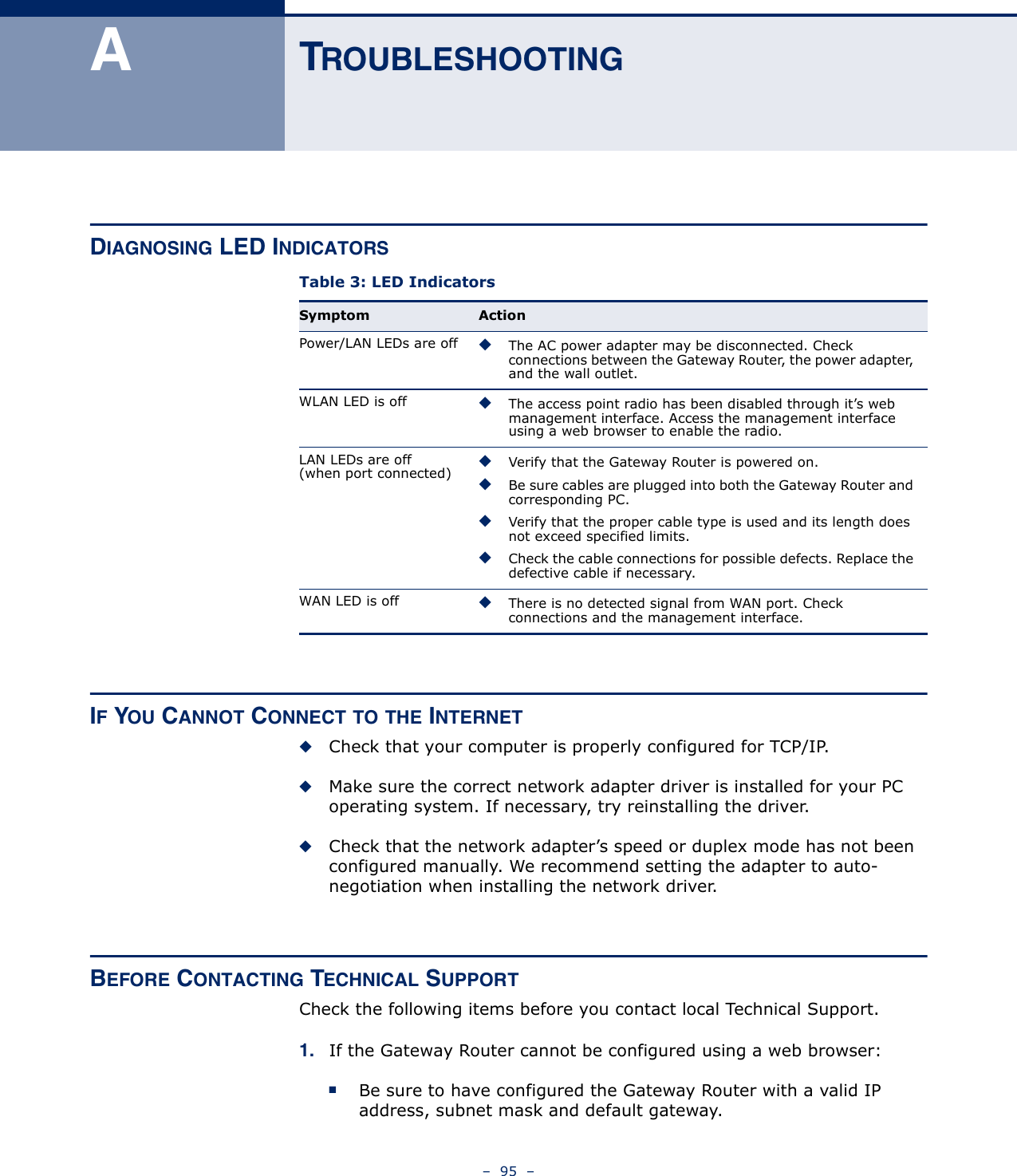 –  95  –ATROUBLESHOOTINGDIAGNOSING LED INDICATORS IF YOU CANNOT CONNECT TO THE INTERNET◆Check that your computer is properly configured for TCP/IP.◆Make sure the correct network adapter driver is installed for your PC operating system. If necessary, try reinstalling the driver.◆Check that the network adapter’s speed or duplex mode has not been configured manually. We recommend setting the adapter to auto-negotiation when installing the network driver.BEFORE CONTACTING TECHNICAL SUPPORTCheck the following items before you contact local Technical Support.1. If the Gateway Router cannot be configured using a web browser:■Be sure to have configured the Gateway Router with a valid IP address, subnet mask and default gateway.Table 3: LED IndicatorsSymptom ActionPower/LAN LEDs are off ◆The AC power adapter may be disconnected. Check connections between the Gateway Router, the power adapter, and the wall outlet.WLAN LED is off ◆The access point radio has been disabled through it’s web management interface. Access the management interface using a web browser to enable the radio.LAN LEDs are off (when port connected) ◆Verify that the Gateway Router is powered on.◆Be sure cables are plugged into both the Gateway Router and corresponding PC.◆Verify that the proper cable type is used and its length does not exceed specified limits.◆Check the cable connections for possible defects. Replace the defective cable if necessary.WAN LED is off ◆There is no detected signal from WAN port. Check connections and the management interface.