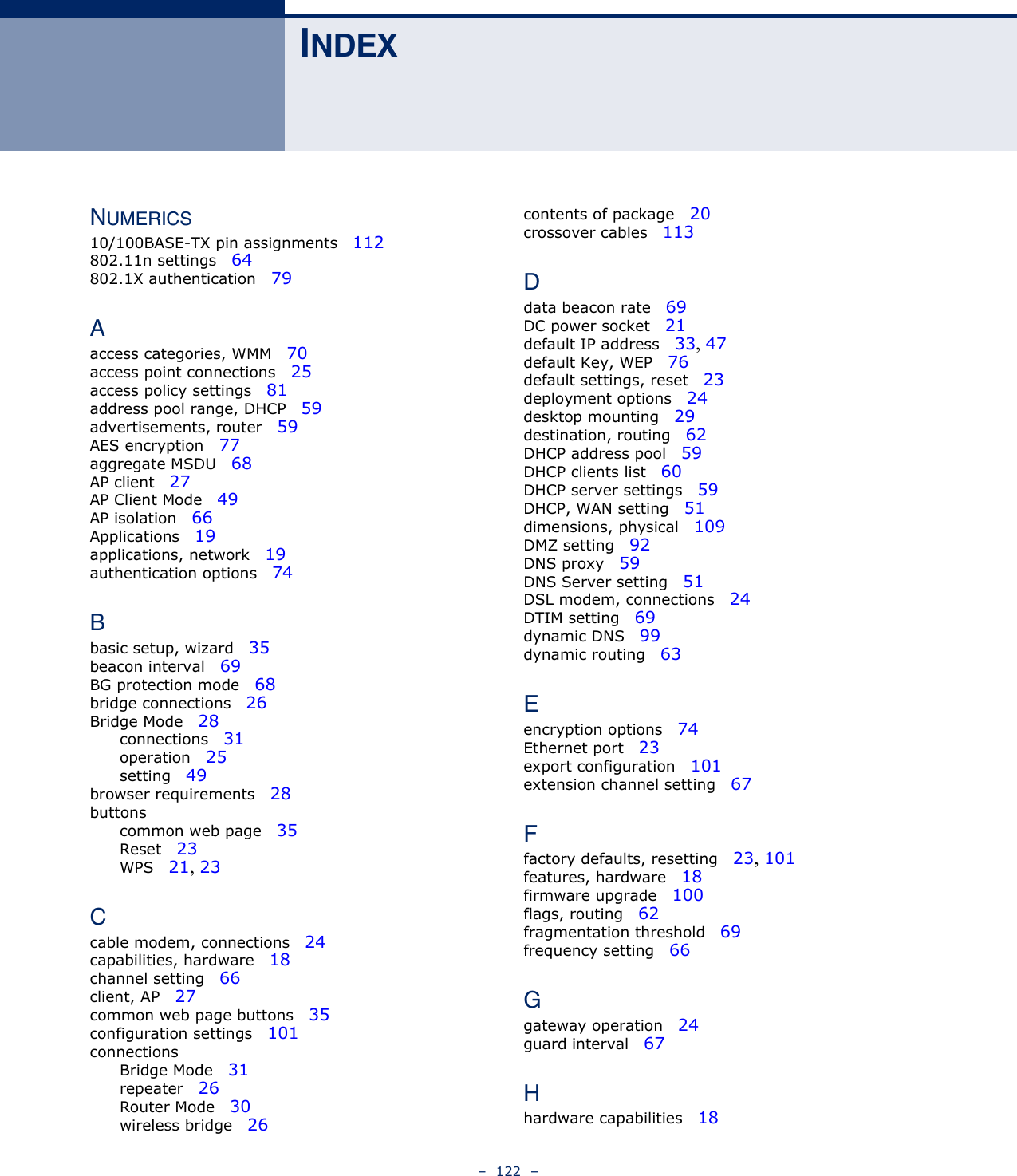 –  122  –INDEXNUMERICS10/100BASE-TX pin assignments   112802.11n settings   64802.1X authentication   79Aaccess categories, WMM   70access point connections   25access policy settings   81address pool range, DHCP   59advertisements, router   59AES encryption   77aggregate MSDU   68AP client   27AP Client Mode   49AP isolation   66Applications   19applications, network   19authentication options   74Bbasic setup, wizard   35beacon interval   69BG protection mode   68bridge connections   26Bridge Mode   28connections   31operation   25setting   49browser requirements   28buttonscommon web page   35Reset   23WPS   21, 23Ccable modem, connections   24capabilities, hardware   18channel setting   66client, AP   27common web page buttons   35configuration settings   101connectionsBridge Mode   31repeater   26Router Mode   30wireless bridge   26contents of package   20crossover cables   113Ddata beacon rate   69DC power socket   21default IP address   33, 47default Key, WEP   76default settings, reset   23deployment options   24desktop mounting   29destination, routing   62DHCP address pool   59DHCP clients list   60DHCP server settings   59DHCP, WAN setting   51dimensions, physical   109DMZ setting   92DNS proxy   59DNS Server setting   51DSL modem, connections   24DTIM setting   69dynamic DNS   99dynamic routing   63Eencryption options   74Ethernet port   23export configuration   101extension channel setting   67Ffactory defaults, resetting   23, 101features, hardware   18firmware upgrade   100flags, routing   62fragmentation threshold   69frequency setting   66Ggateway operation   24guard interval   67Hhardware capabilities   18