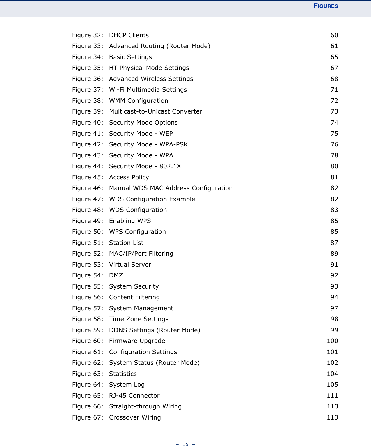 FIGURES–  15  –Figure 32: DHCP Clients 60Figure 33: Advanced Routing (Router Mode) 61Figure 34: Basic Settings 65Figure 35: HT Physical Mode Settings 67Figure 36: Advanced Wireless Settings 68Figure 37: Wi-Fi Multimedia Settings 71Figure 38: WMM Configuration 72Figure 39: Multicast-to-Unicast Converter 73Figure 40: Security Mode Options 74Figure 41: Security Mode - WEP 75Figure 42: Security Mode - WPA-PSK 76Figure 43: Security Mode - WPA 78Figure 44: Security Mode - 802.1X 80Figure 45: Access Policy 81Figure 46: Manual WDS MAC Address Configuration 82Figure 47: WDS Configuration Example 82Figure 48: WDS Configuration 83Figure 49: Enabling WPS 85Figure 50: WPS Configuration 85Figure 51: Station List 87Figure 52: MAC/IP/Port Filtering 89Figure 53: Virtual Server 91Figure 54: DMZ 92Figure 55: System Security 93Figure 56: Content Filtering 94Figure 57: System Management 97Figure 58: Time Zone Settings 98Figure 59: DDNS Settings (Router Mode) 99Figure 60: Firmware Upgrade 100Figure 61: Configuration Settings 101Figure 62: System Status (Router Mode) 102Figure 63: Statistics 104Figure 64: System Log 105Figure 65: RJ-45 Connector 111Figure 66: Straight-through Wiring 113Figure 67: Crossover Wiring 113