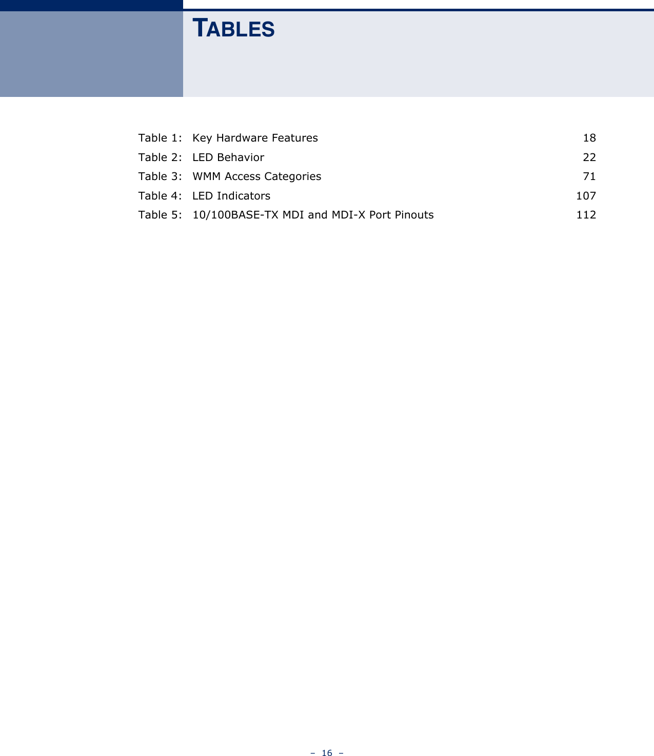 –  16  –TABLESTable 1: Key Hardware Features  18Table 2: LED Behavior  22Table 3: WMM Access Categories  71Table 4: LED Indicators  107Table 5: 10/100BASE-TX MDI and MDI-X Port Pinouts  112