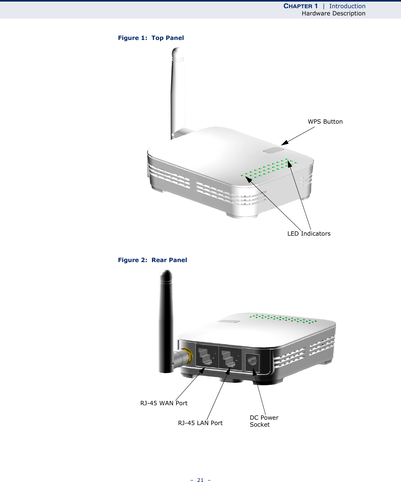 CHAPTER 1  |  IntroductionHardware Description–  21  –Figure 1:  Top PanelFigure 2:  Rear PanelLED IndicatorsWPS ButtonRJ-45 WAN PortRJ-45 LAN Port DC Power Socket