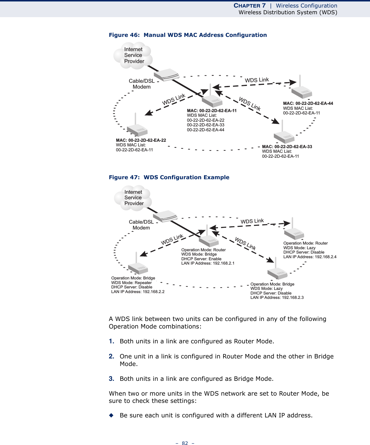 CHAPTER 7  |  Wireless ConfigurationWireless Distribution System (WDS)–  82  –Figure 46:  Manual WDS MAC Address ConfigurationFigure 47:  WDS Configuration ExampleA WDS link between two units can be configured in any of the following Operation Mode combinations:1. Both units in a link are configured as Router Mode.2. One unit in a link is configured in Router Mode and the other in Bridge Mode.3. Both units in a link are configured as Bridge Mode.When two or more units in the WDS network are set to Router Mode, be sure to check these settings:◆Be sure each unit is configured with a different LAN IP address.InternetServiceProviderMAC: 00-22-2D-62-EA-11WDS MAC List:00-22-2D-62-EA-2200-22-2D-62-EA-3300-22-2D-62-EA-44MAC: 00-22-2D-62-EA-22WDS MAC List:00-22-2D-62-EA-11Cable/DSLModemWDS LinkMAC: 00-22-2D-62-EA-33WDS MAC List:00-22-2D-62-EA-11MAC: 00-22-2D-62-EA-44WDS MAC List:00-22-2D-62-EA-11WDS LinkWDS LinkInternetServiceProviderOperation Mode: RouterDHCP Server: EnableLAN IP Address: 192.168.2.1WDS Mode: BridgeOperation Mode: BridgeWDS Mode: RepeaterDHCP Server: DisableLAN IP Address: 192.168.2.2Cable/DSLModemWDS LinkOperation Mode: BridgeWDS Mode: LazyDHCP Server: DisableLAN IP Address: 192.168.2.3Operation Mode:WDS Mode: LazyDHCP Server: DisableLAN IP Address: 192.168.2.4RouterWDS LinkWDS Link